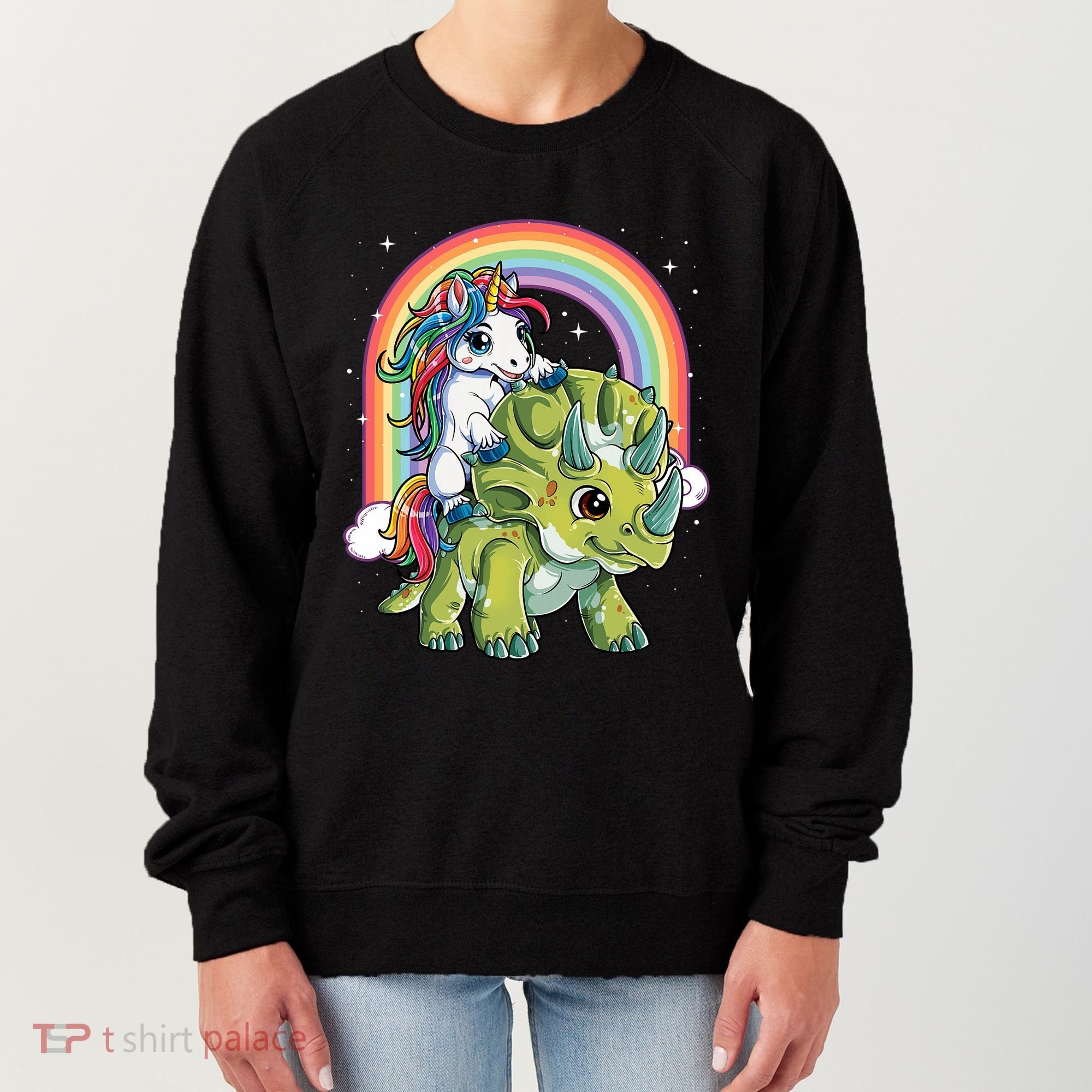 Unicorn Riding Dinosaur Triceratops Rainbow Women's Sweatshirt