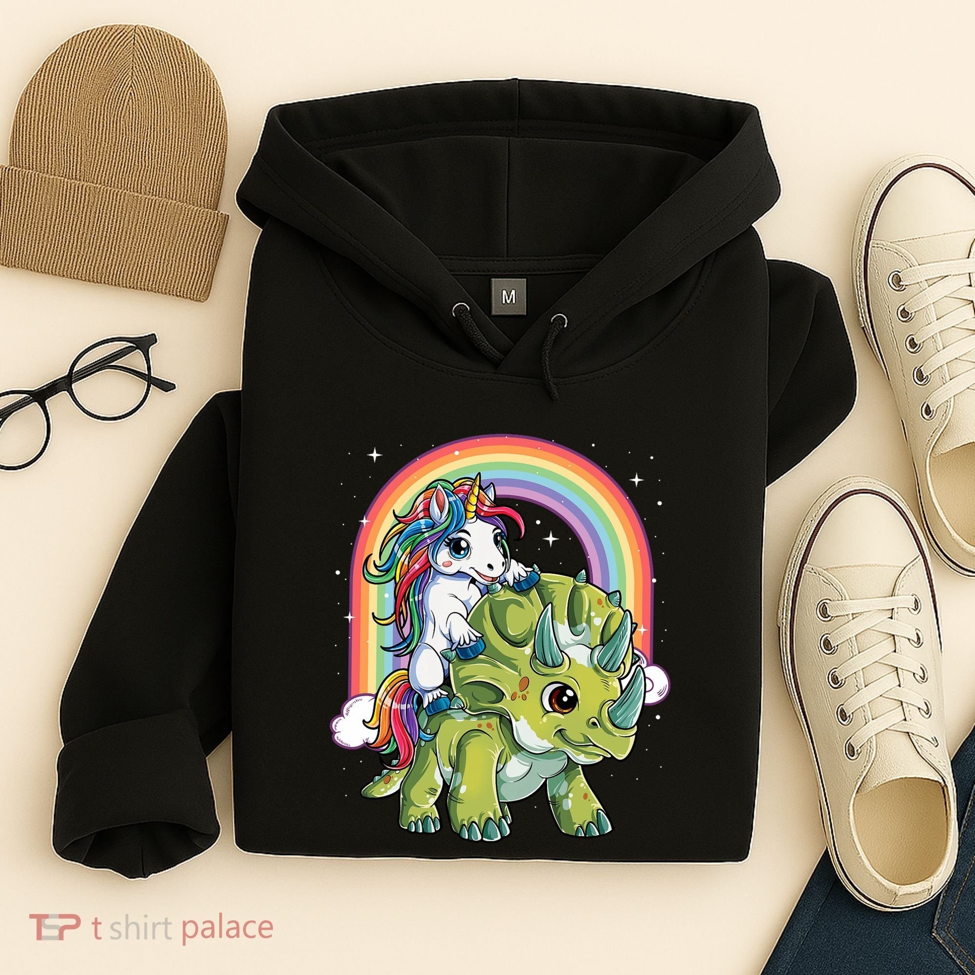 Unicorn Riding Dinosaur Triceratops Rainbow Hoodie