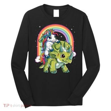 Unicorn Riding Dinosaur Triceratops Rainbow Long Sleeve Shirt