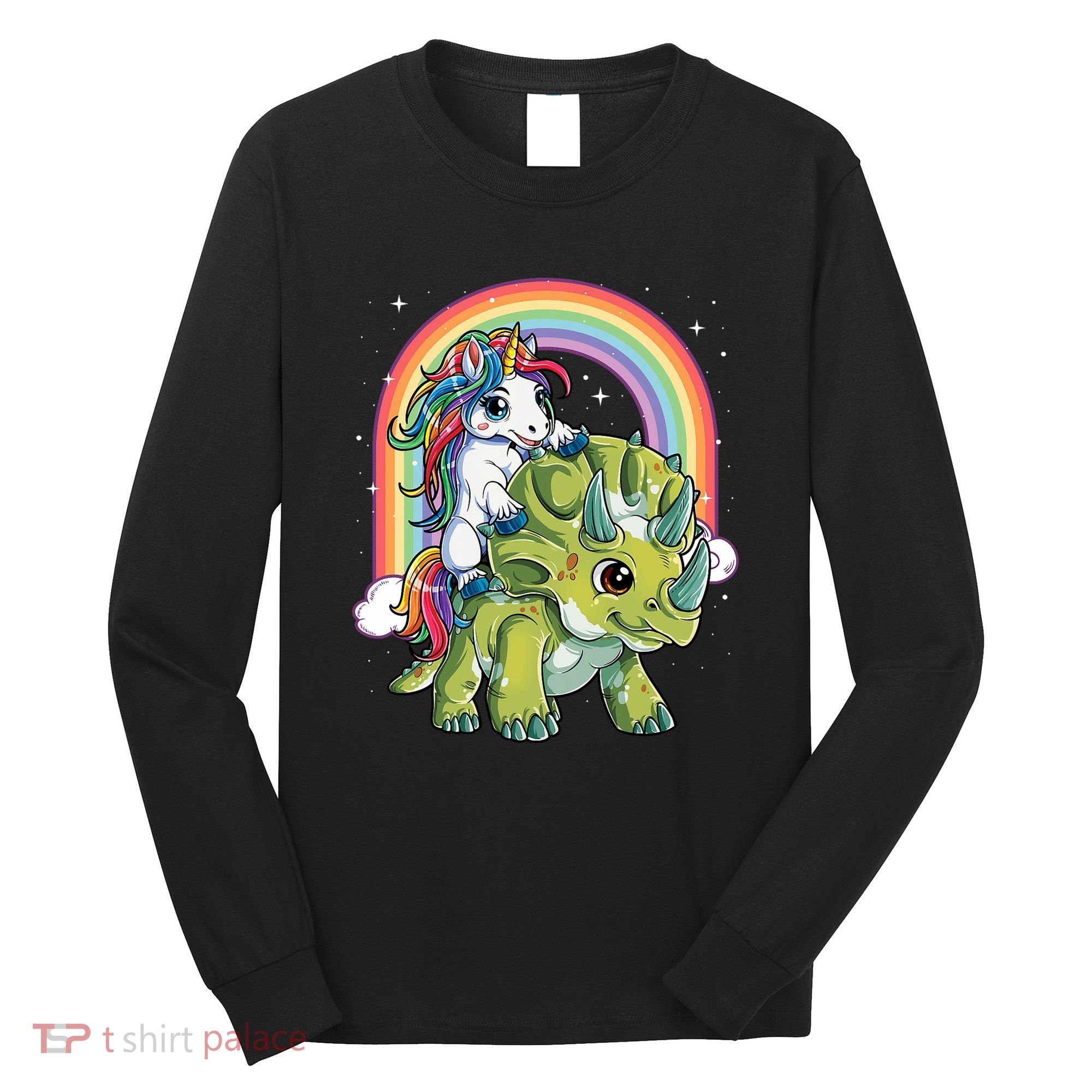 Unicorn Riding Dinosaur Triceratops Rainbow Long Sleeve Shirt