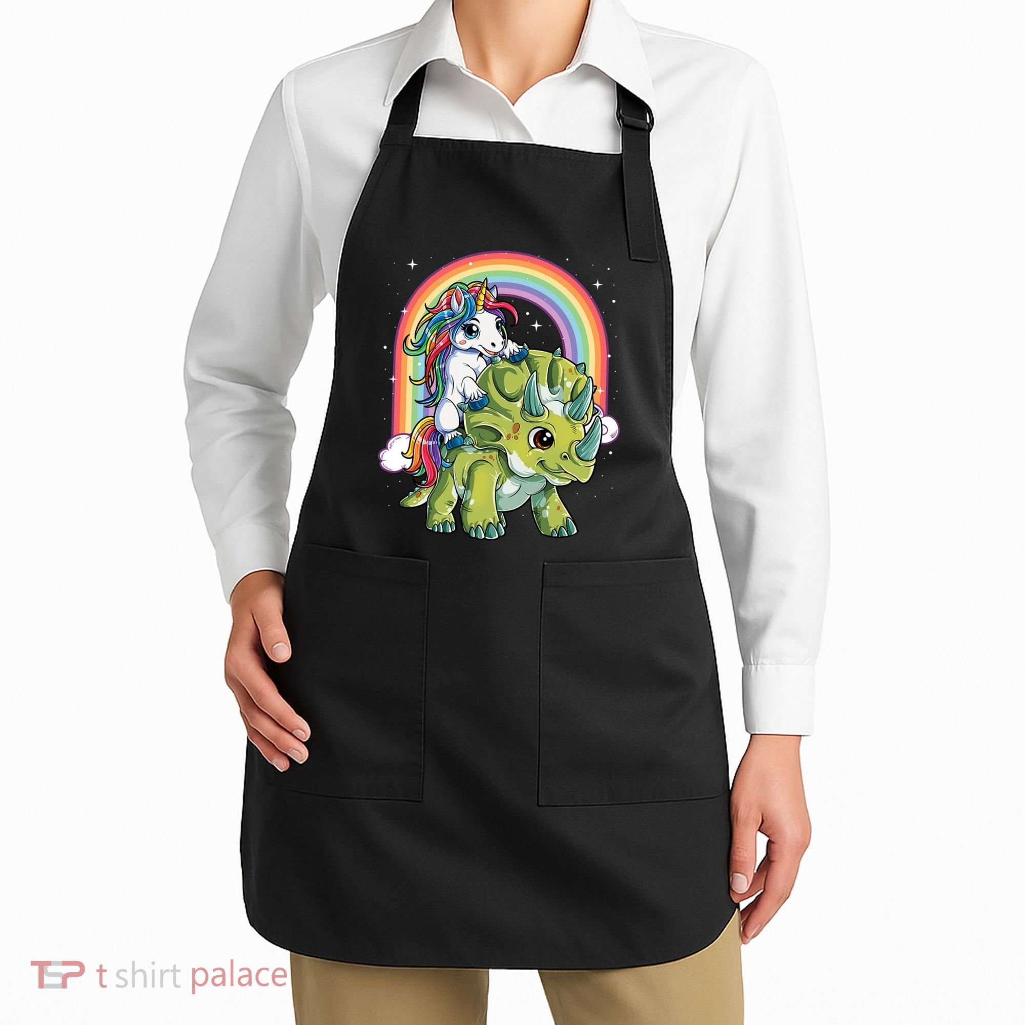 Unicorn Riding Dinosaur Triceratops Rainbow Apron