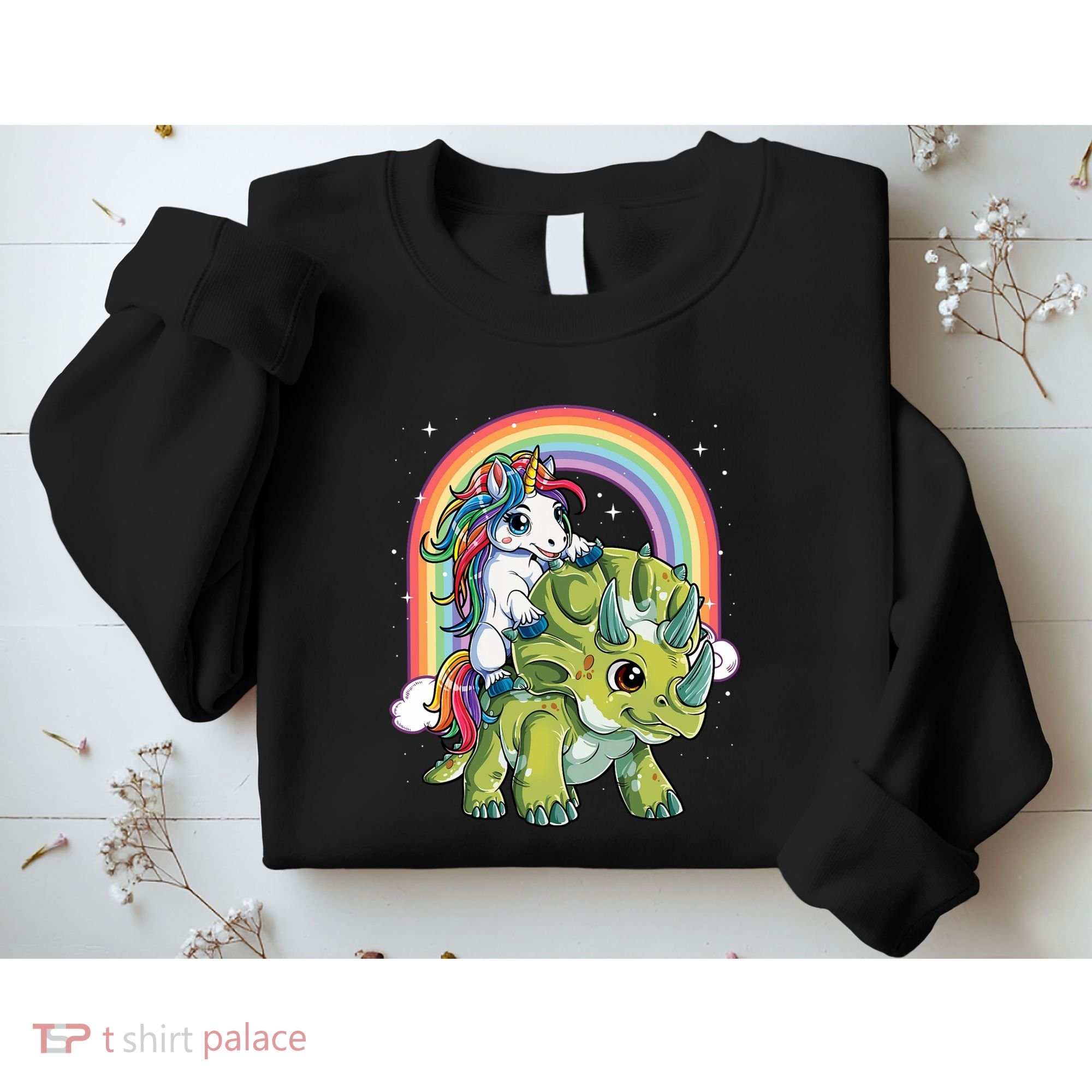 Unicorn Riding Dinosaur Triceratops Rainbow Sweatshirt