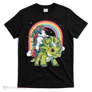 Unicorn Riding Dinosaur Triceratops Rainbow T-Shirt