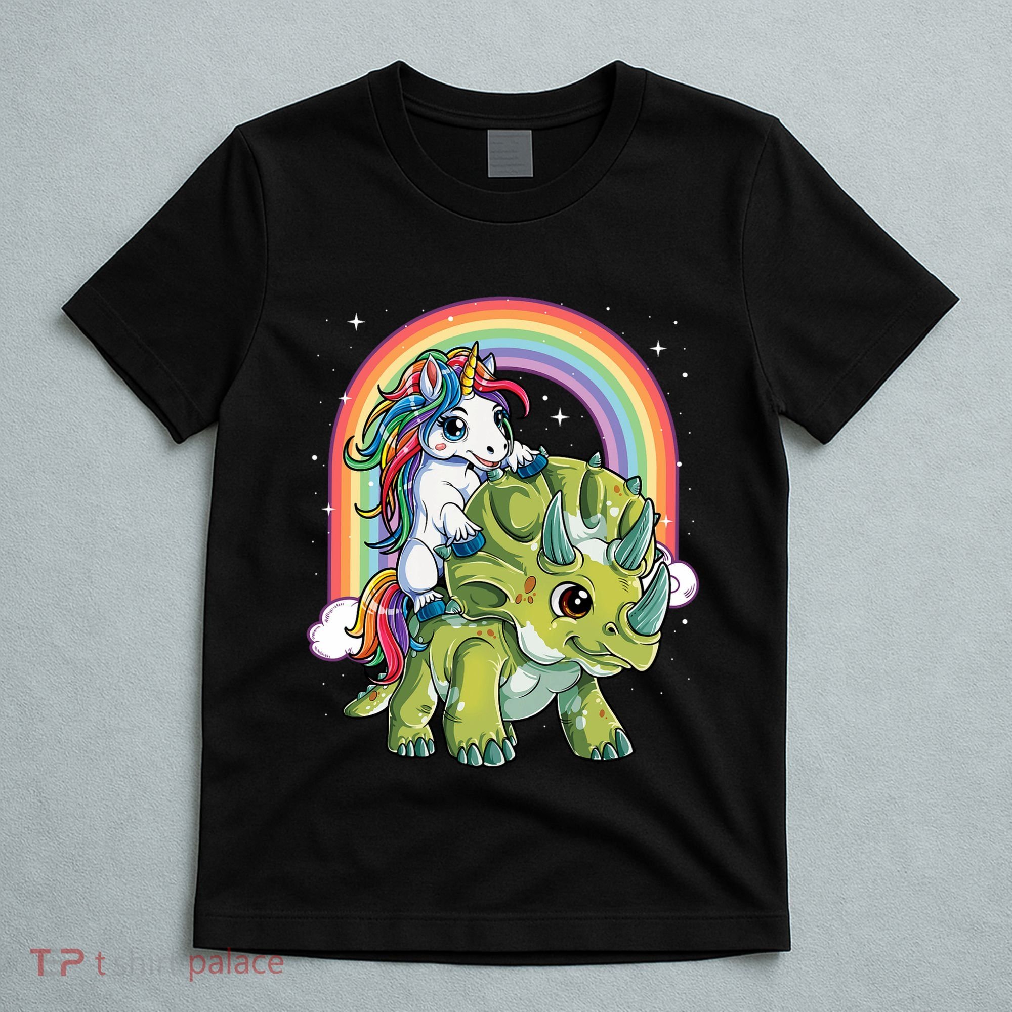 Unicorn Riding Dinosaur Triceratops Rainbow T-Shirt