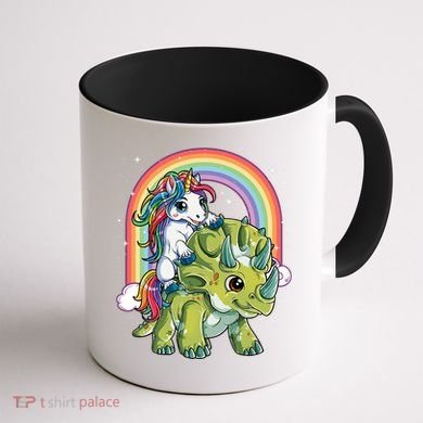 Unicorn Riding Dinosaur Triceratops Rainbow Coffee Mug back
