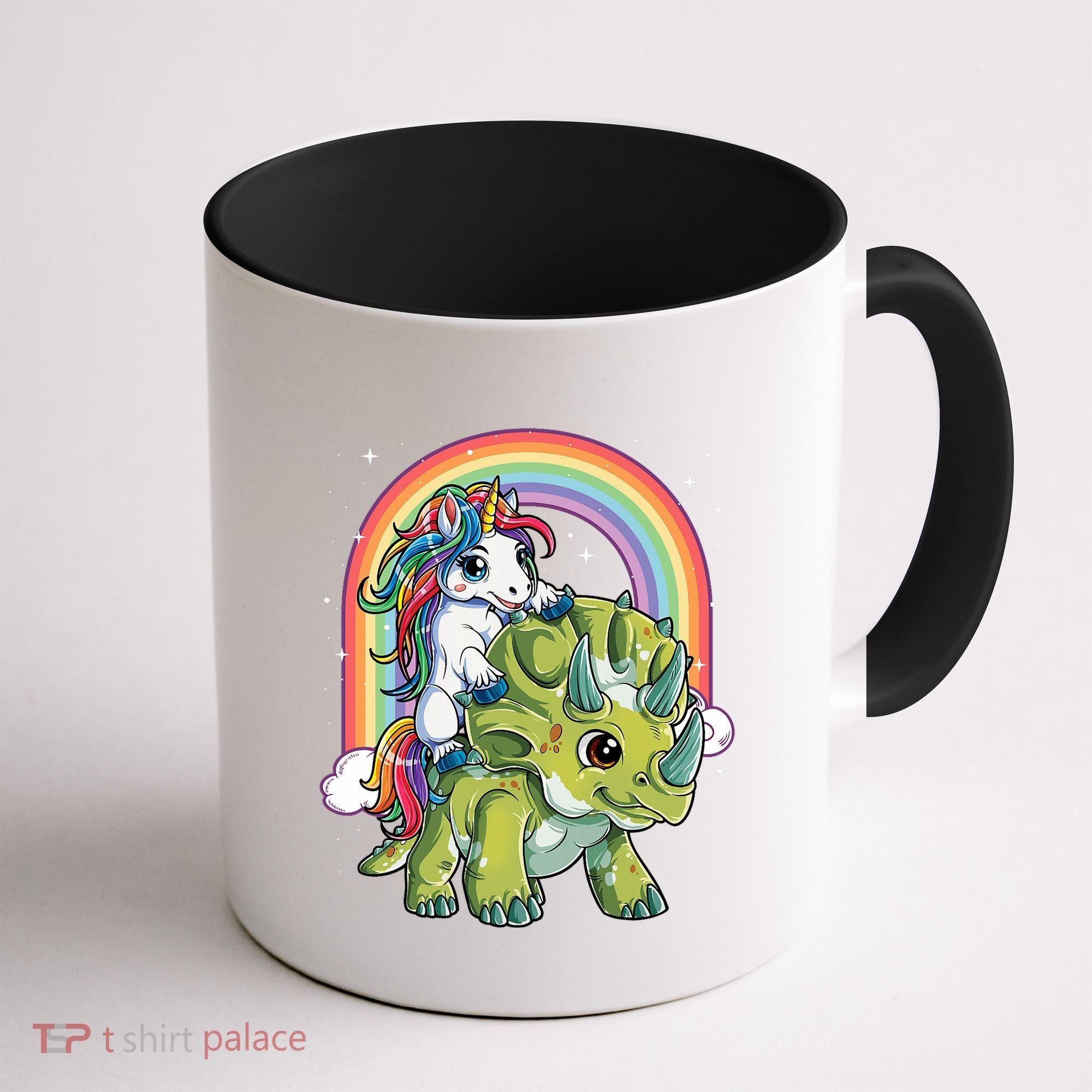 Unicorn Riding Dinosaur Triceratops Rainbow Coffee Mug
