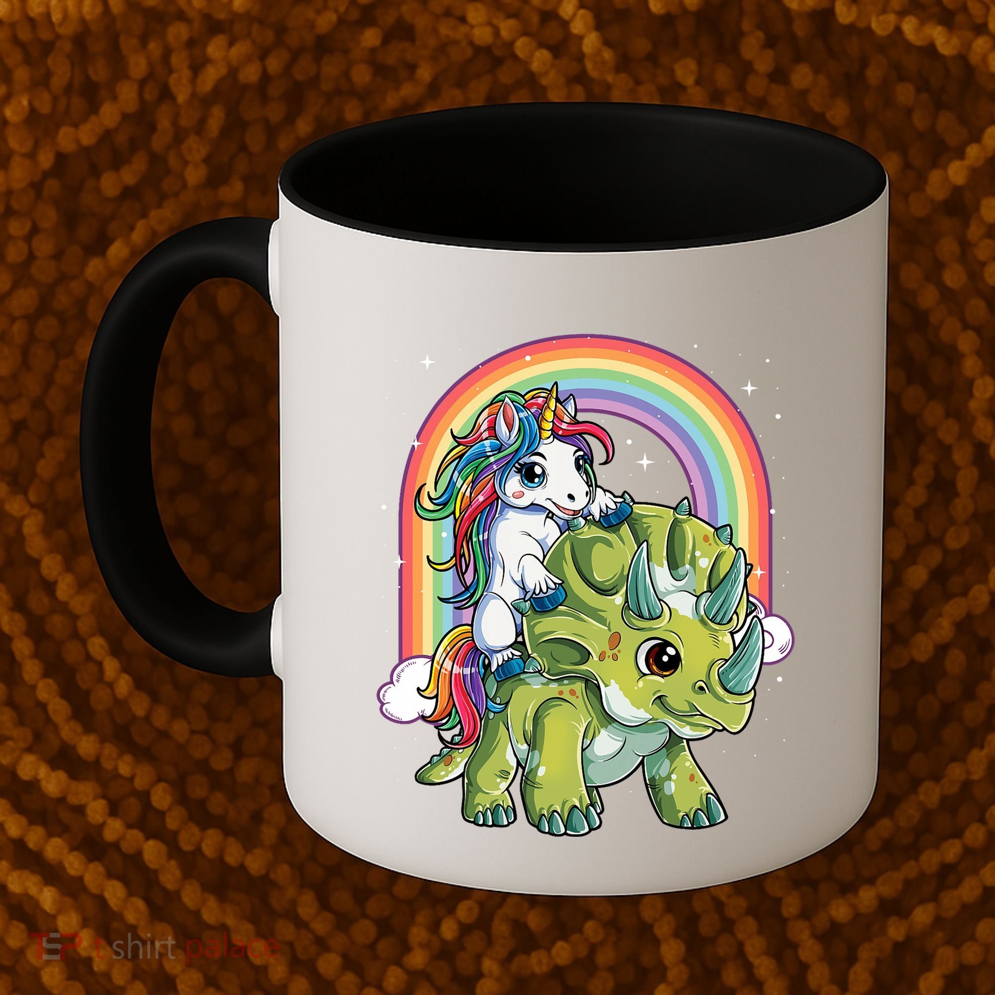 Unicorn Riding Dinosaur Triceratops Rainbow Coffee Mug