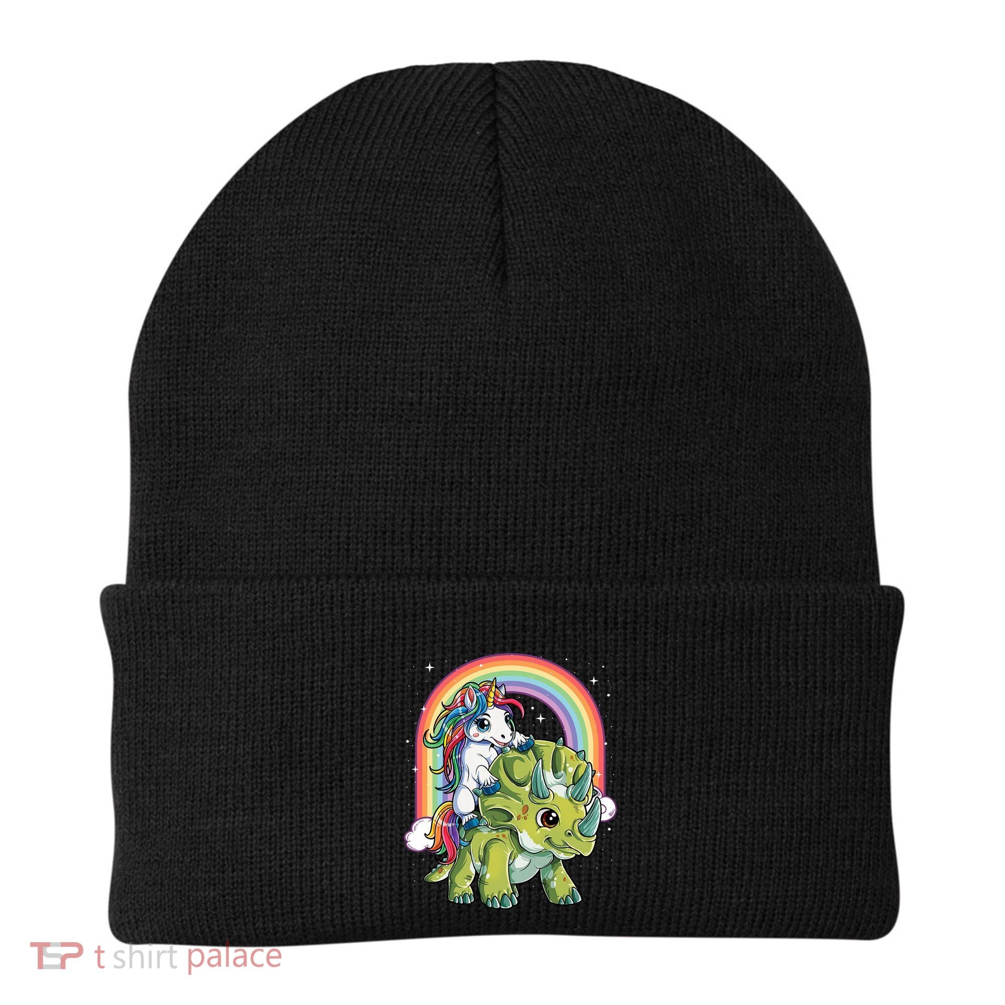Unicorn Riding Dinosaur Triceratops Rainbow Beanie