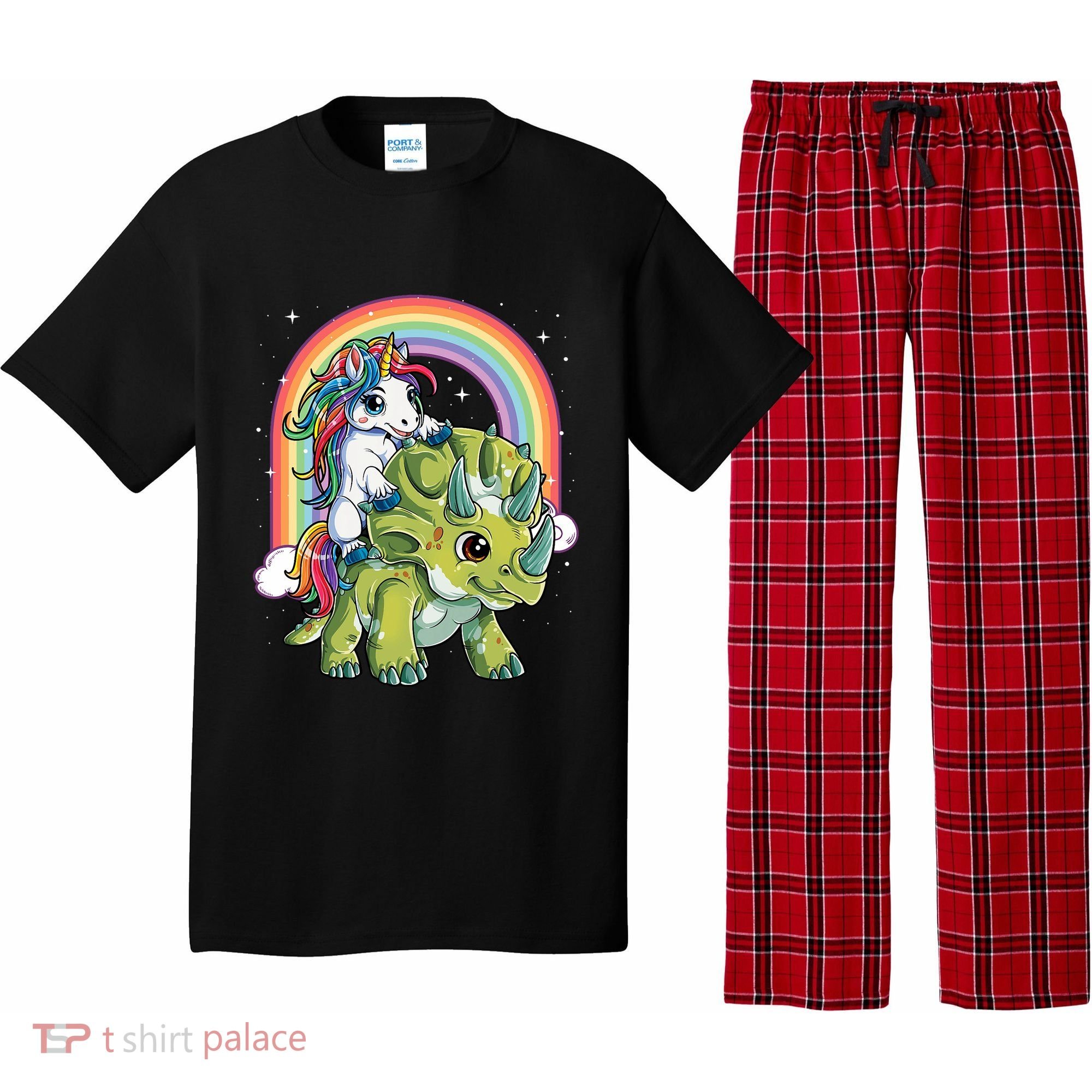 Unicorn Riding Dinosaur Triceratops Rainbow Pajama Set