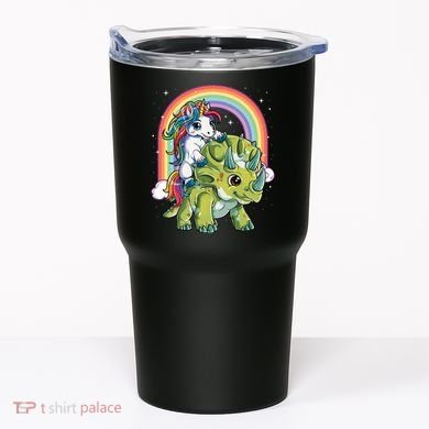 Unicorn Riding Dinosaur Triceratops Rainbow Tumbler