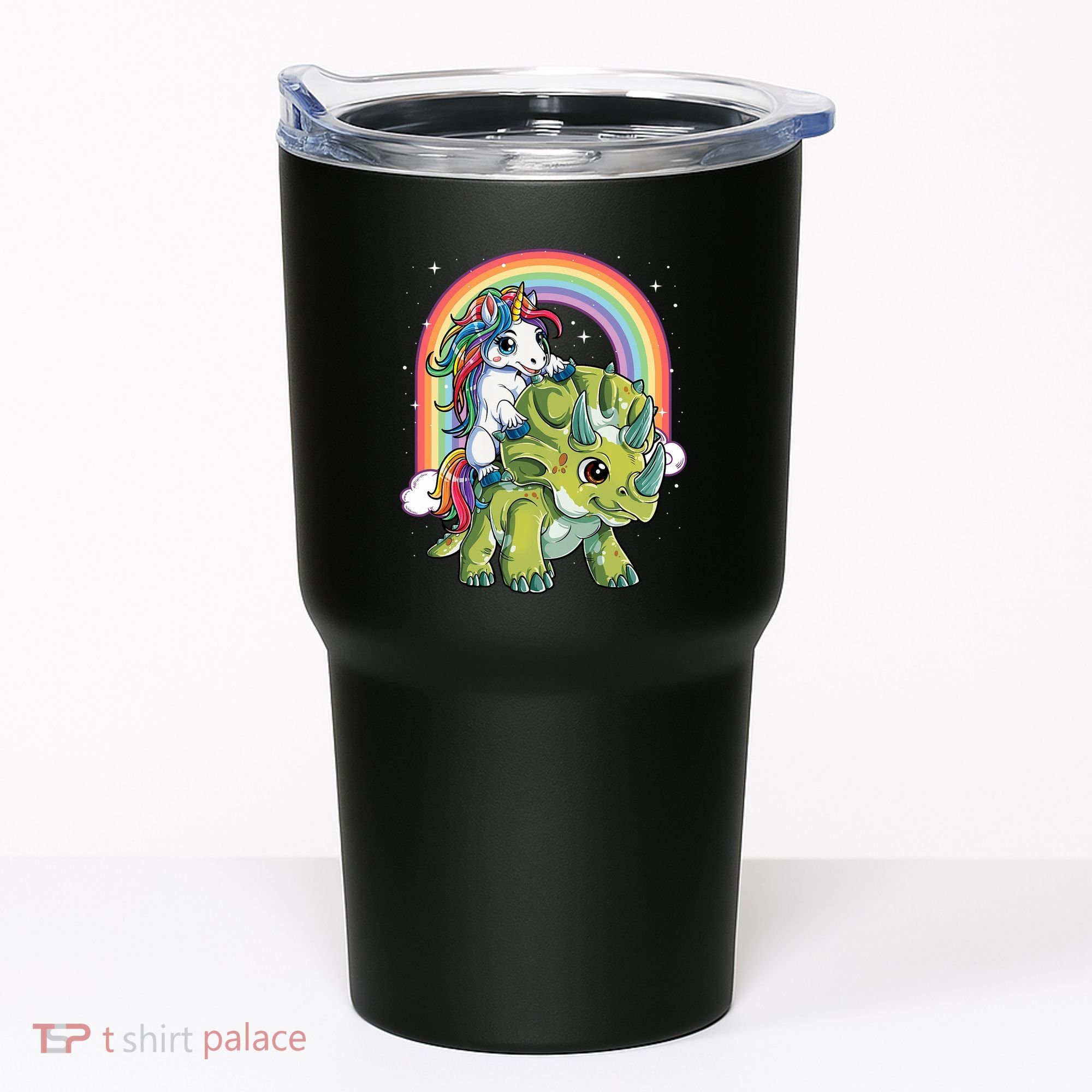 Unicorn Riding Dinosaur Triceratops Rainbow Tumbler