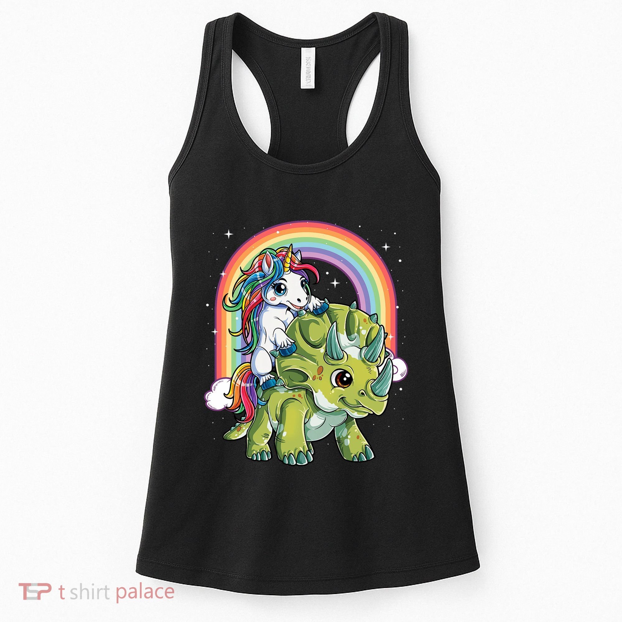 Unicorn Riding Dinosaur Triceratops Rainbow Women's Tank Top