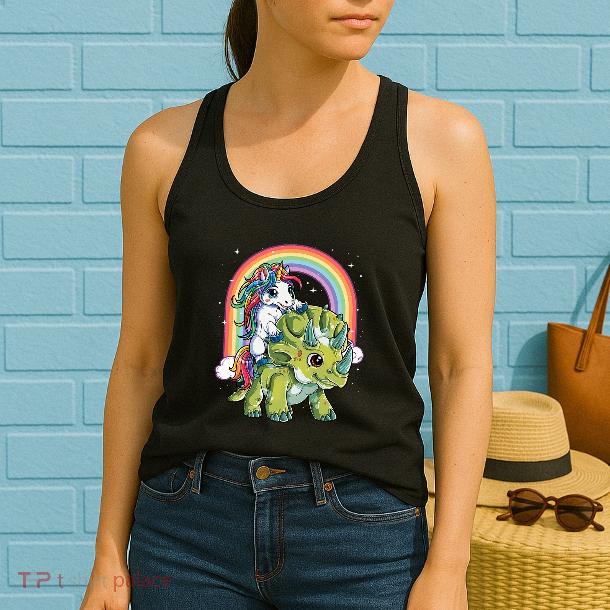 Unicorn Riding Dinosaur Triceratops Rainbow Women's Tank Top