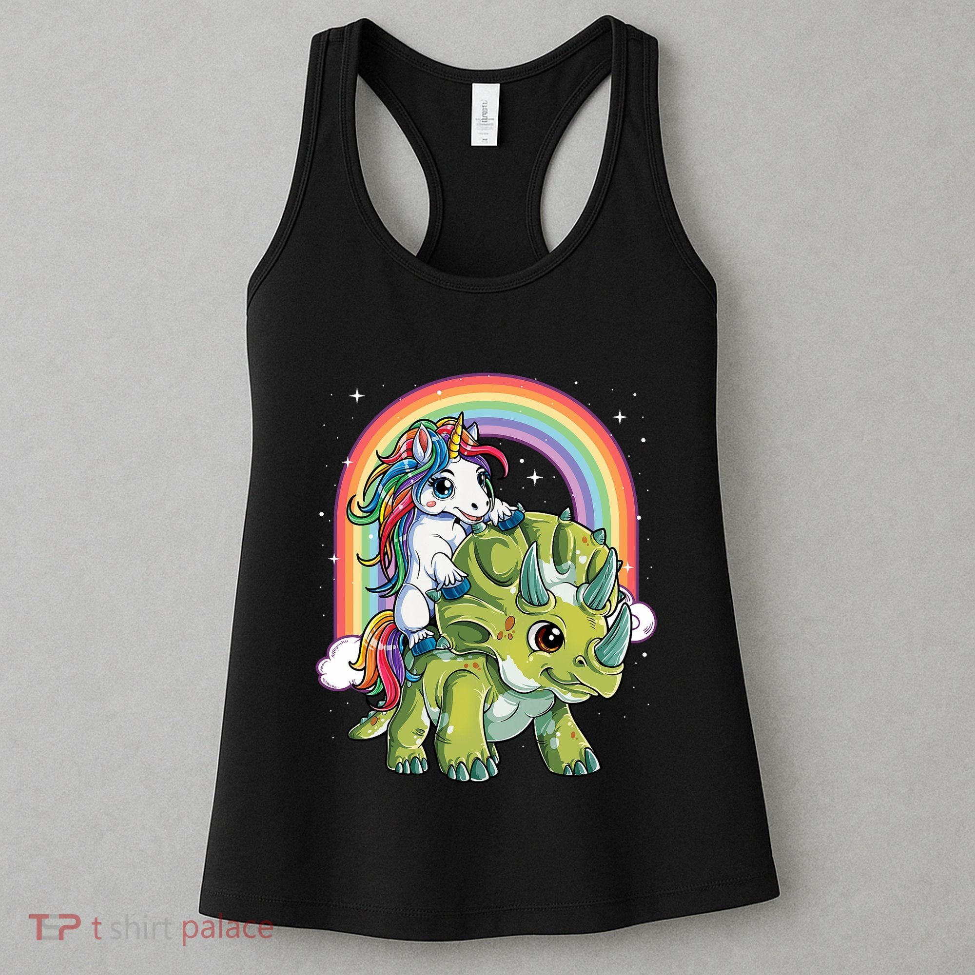 Unicorn Riding Dinosaur Triceratops Rainbow Women's Tank Top