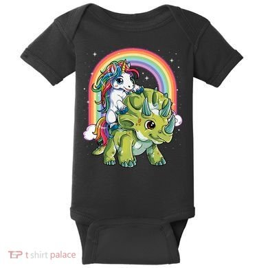 Unicorn Riding Dinosaur Triceratops Rainbow Baby Bodysuit