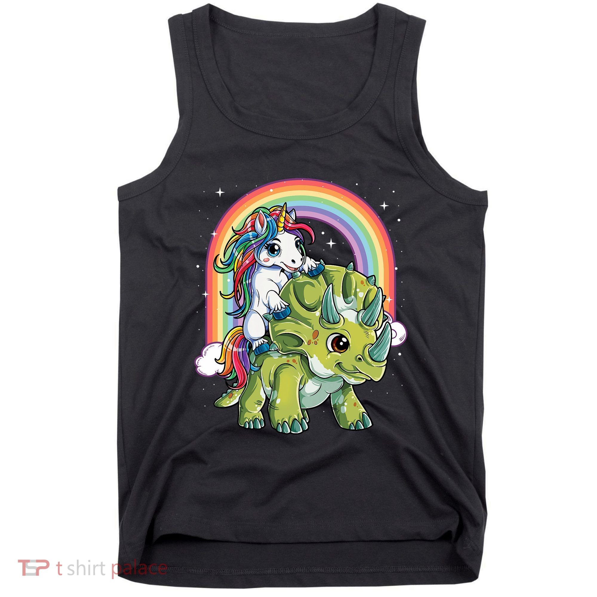 Unicorn Riding Dinosaur Triceratops Rainbow Tank Top