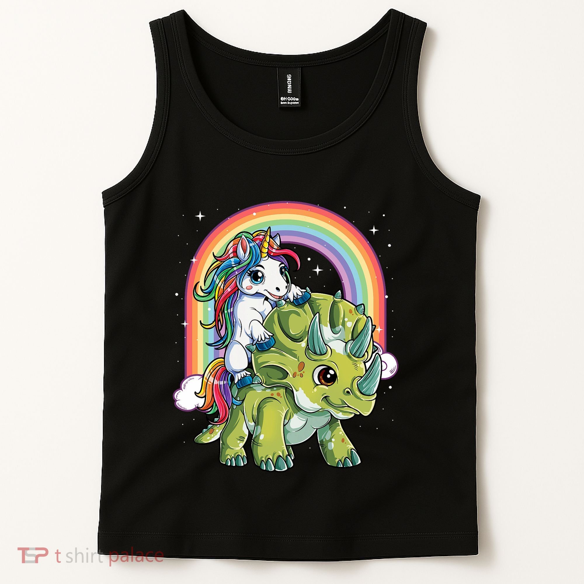 Unicorn Riding Dinosaur Triceratops Rainbow Tank Top