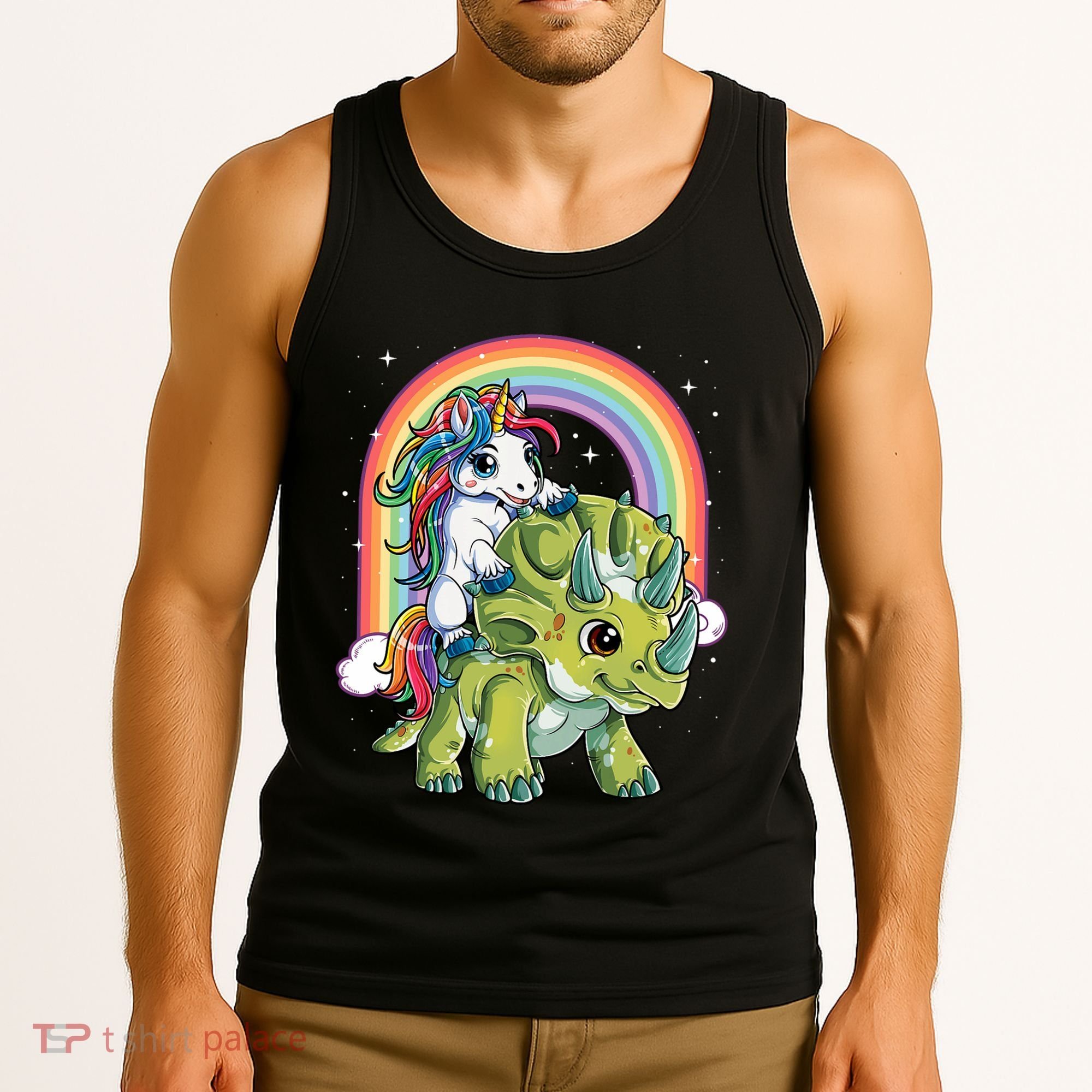 Unicorn Riding Dinosaur Triceratops Rainbow Tank Top