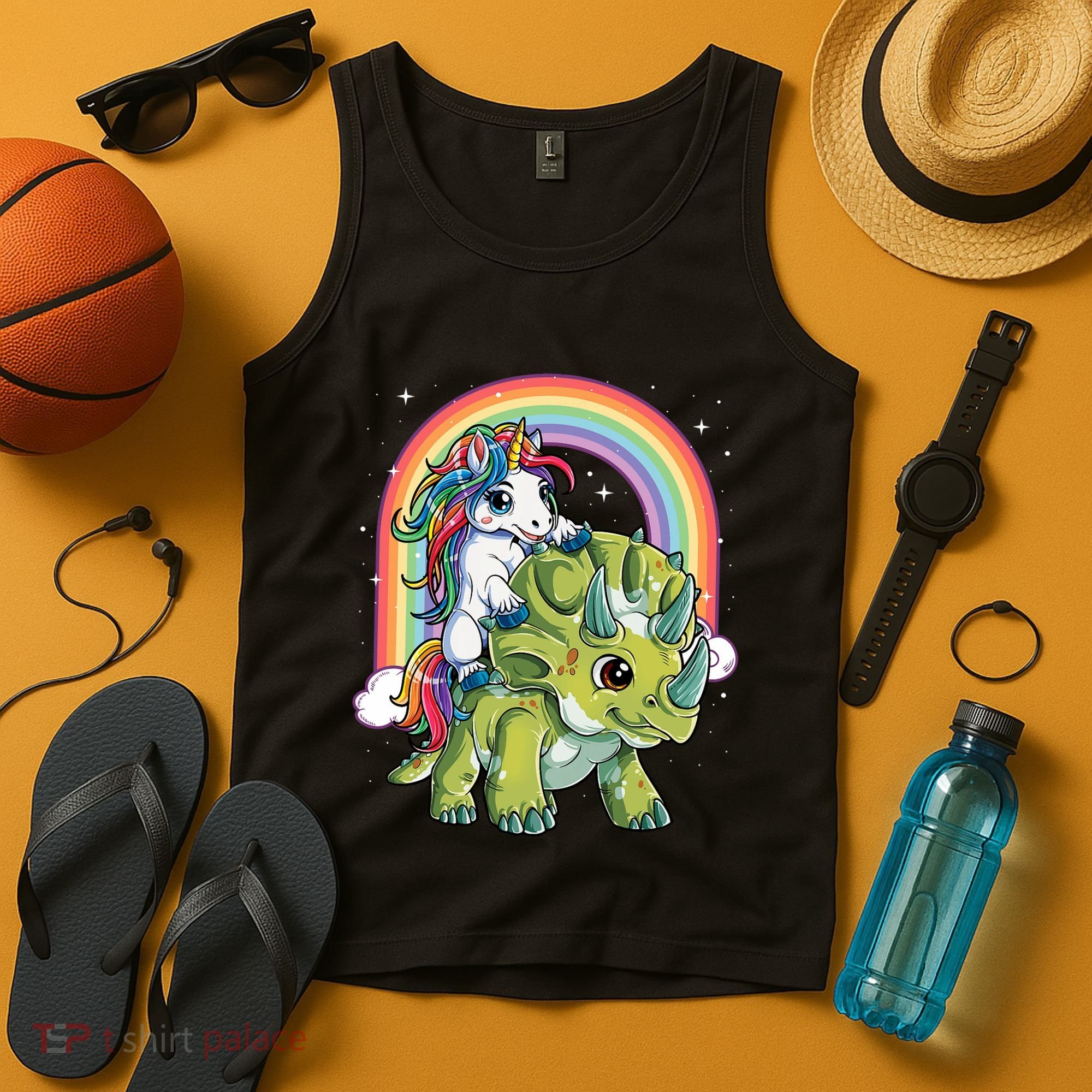 Unicorn Riding Dinosaur Triceratops Rainbow Tank Top