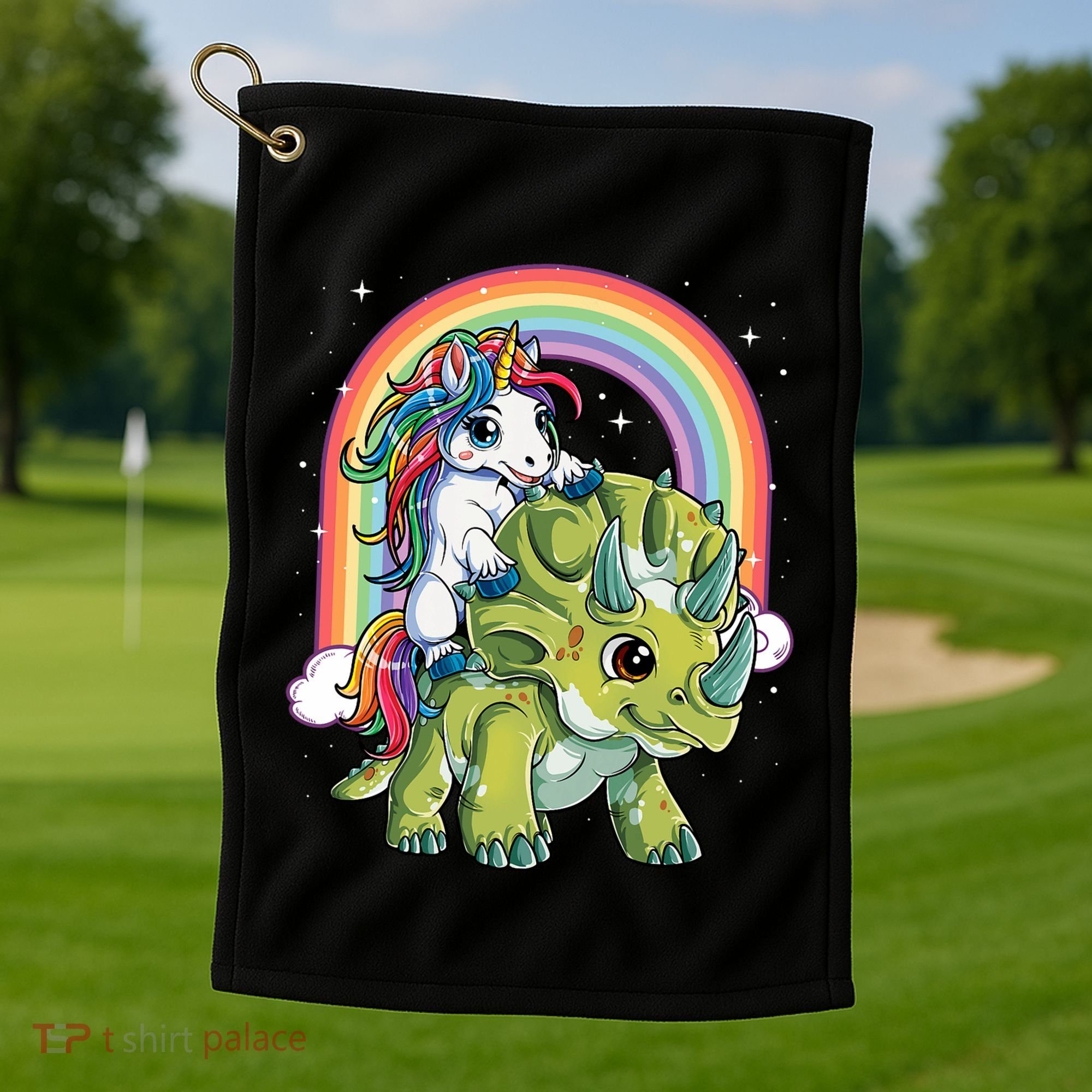 Unicorn Riding Dinosaur Triceratops Rainbow Golf Towel