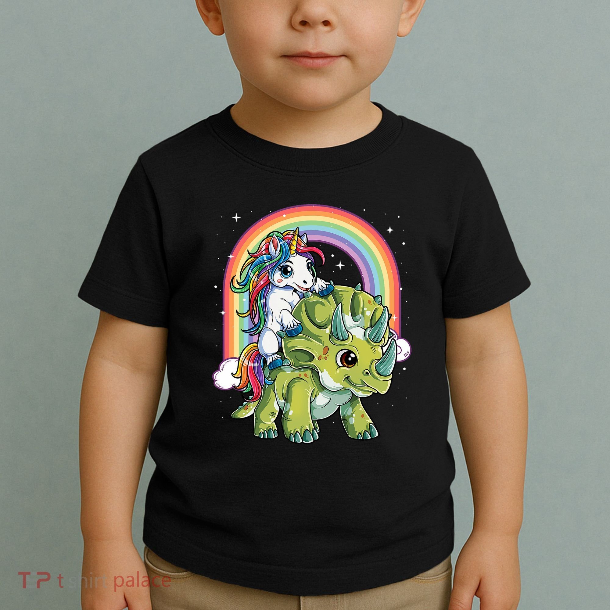 Unicorn Riding Dinosaur Triceratops Rainbow Toddler T-Shirt