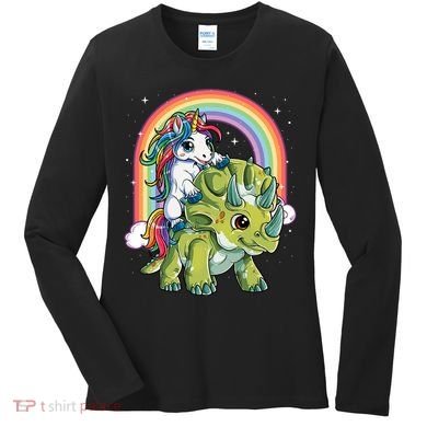 Unicorn Riding Dinosaur Triceratops Rainbow Women's Long Sleeve Shirt