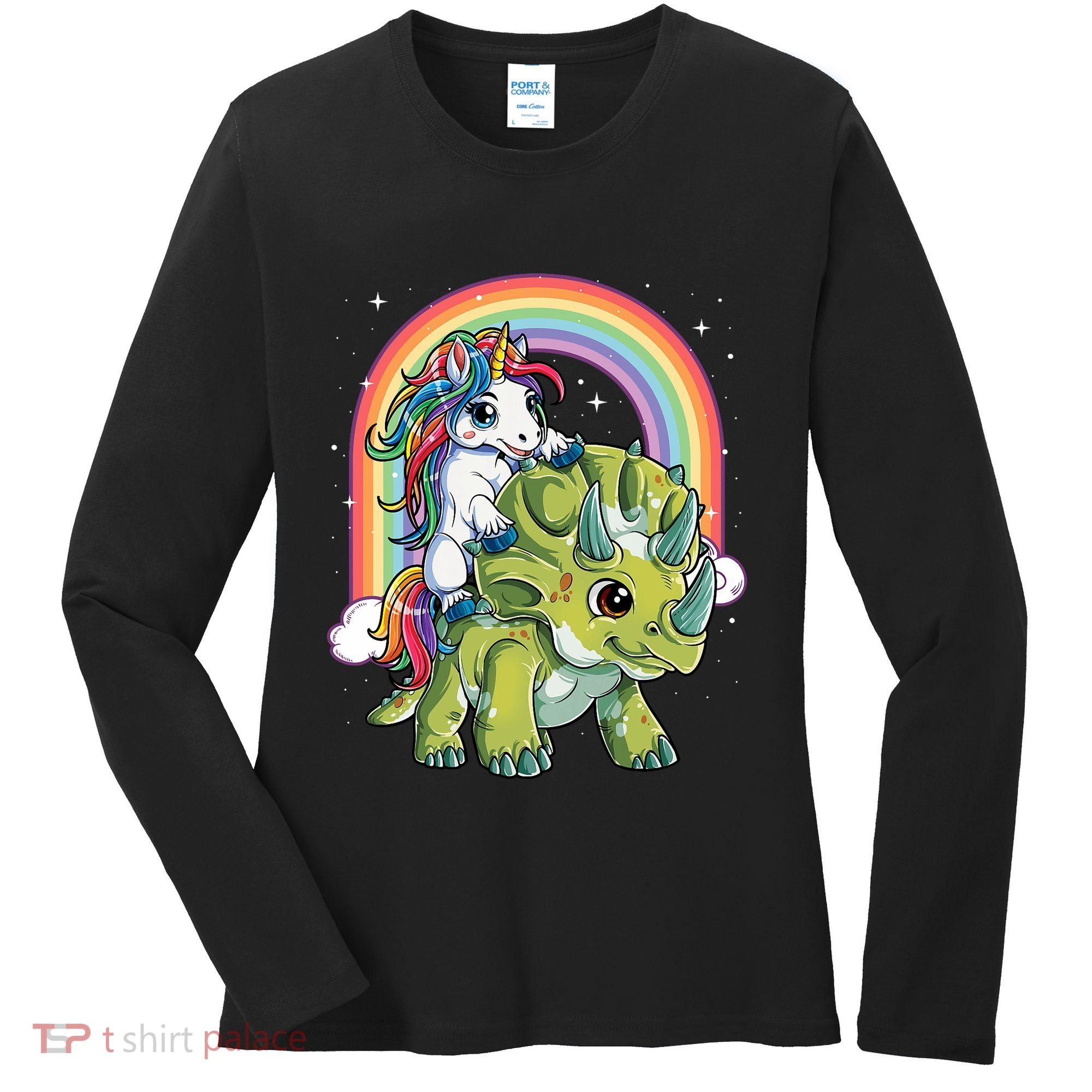 Unicorn Riding Dinosaur Triceratops Rainbow Women's Long Sleeve Shirt