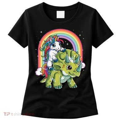 Unicorn Riding Dinosaur Triceratops Rainbow Women's T-Shirt