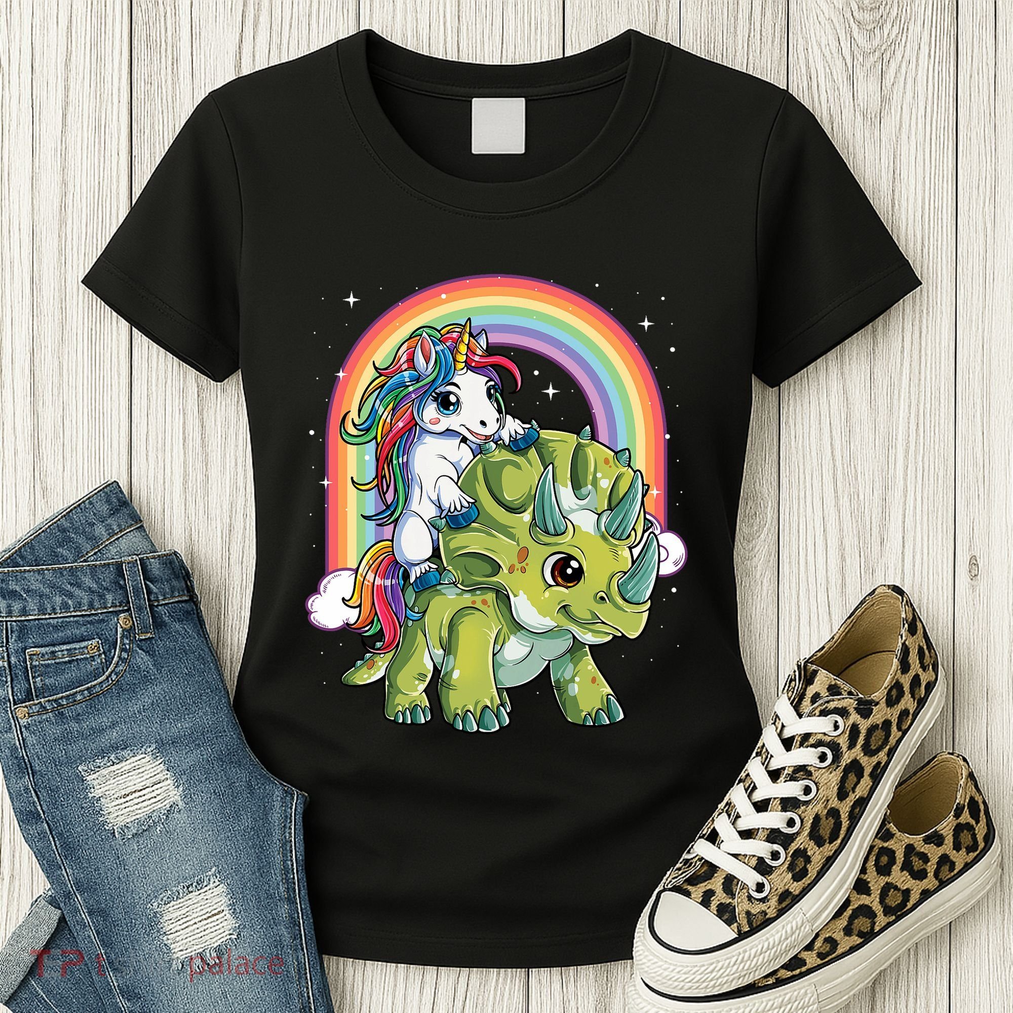 Unicorn Riding Dinosaur Triceratops Rainbow Women's T-Shirt