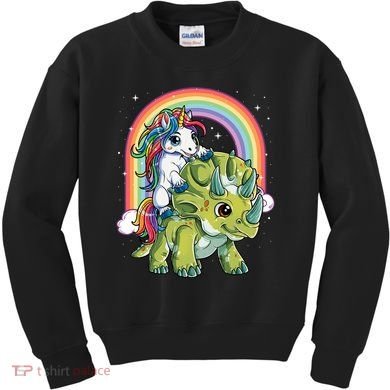 Unicorn Riding Dinosaur Triceratops Rainbow Kids Sweatshirt