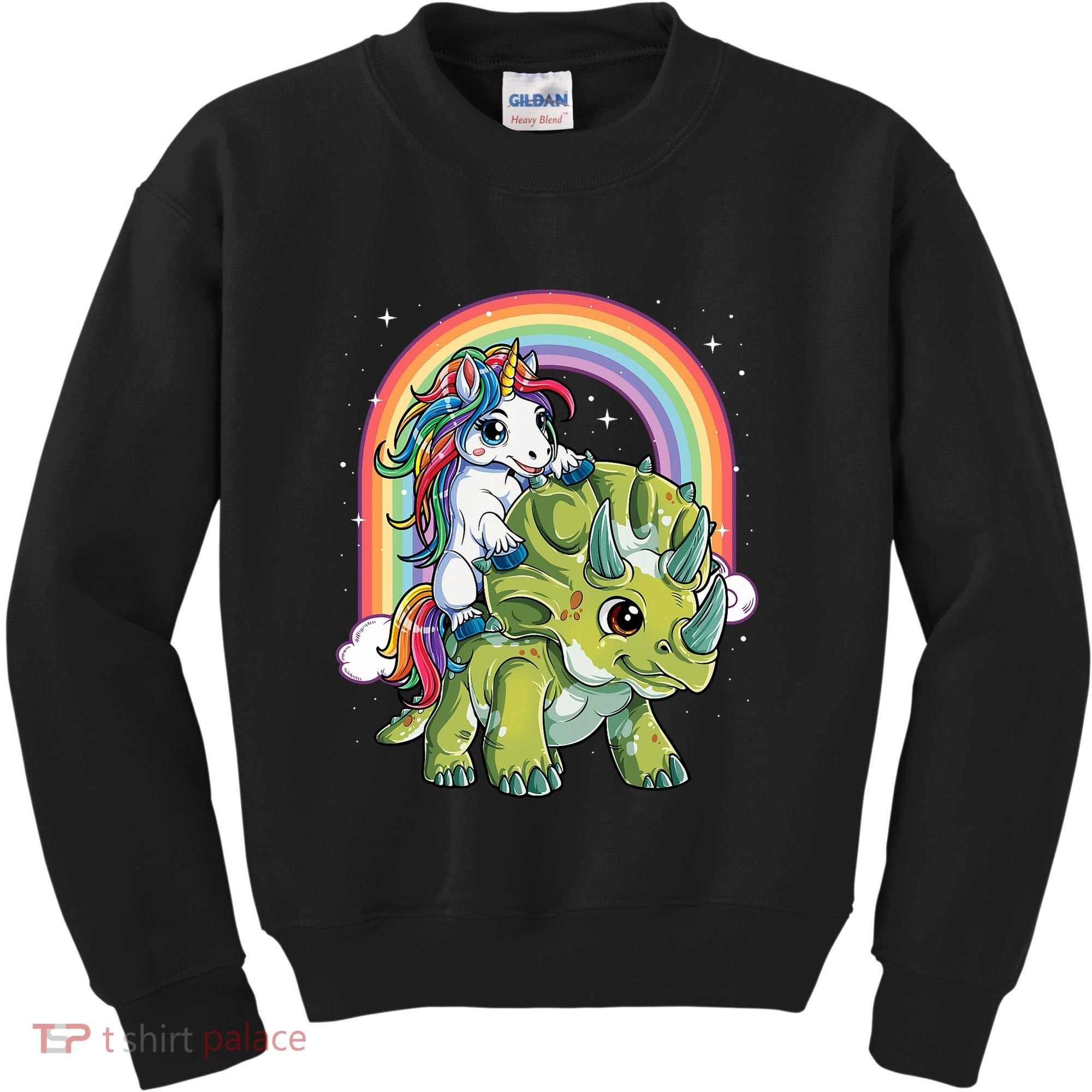 Unicorn Riding Dinosaur Triceratops Rainbow Kids Sweatshirt