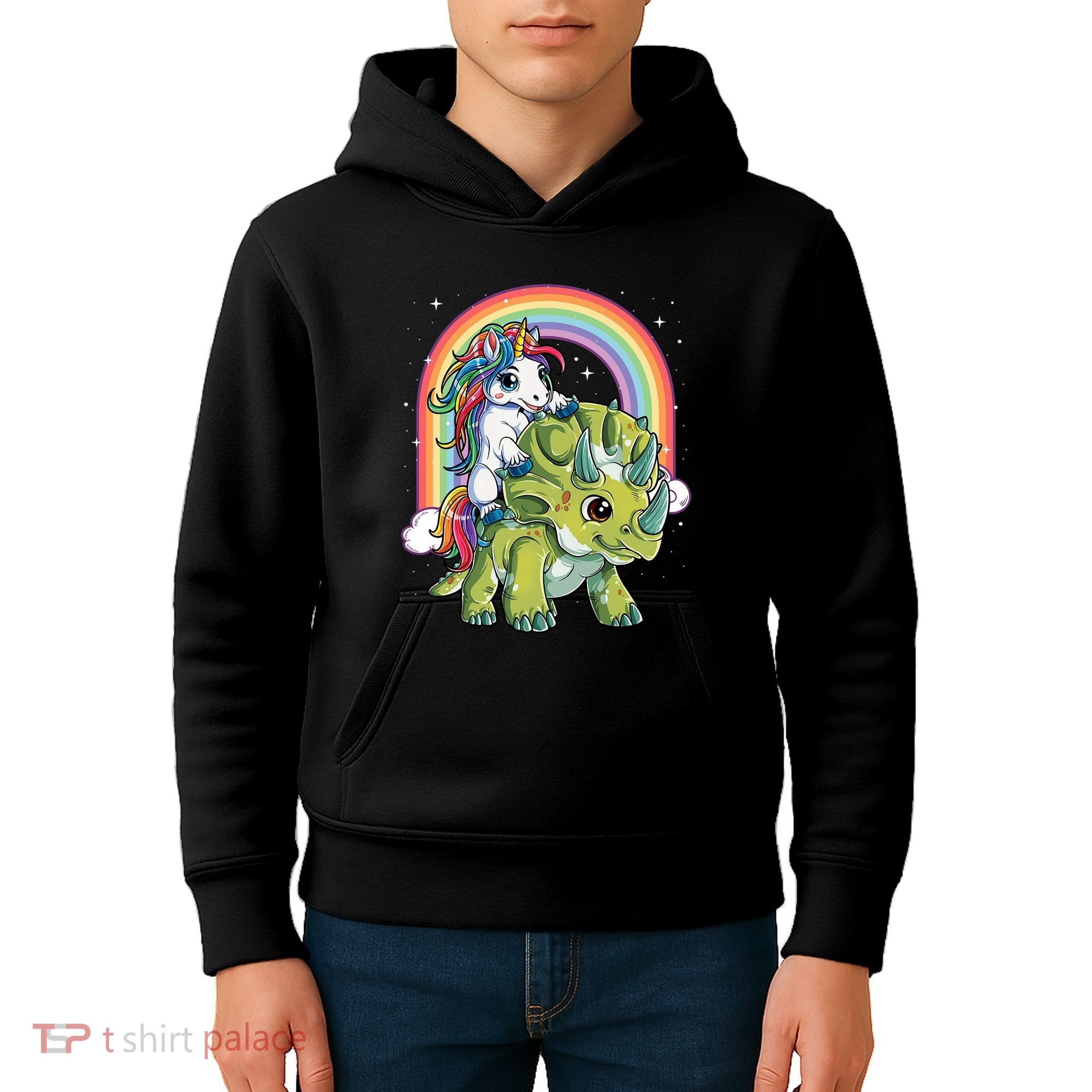 Unicorn Riding Dinosaur Triceratops Rainbow Kids Hoodie