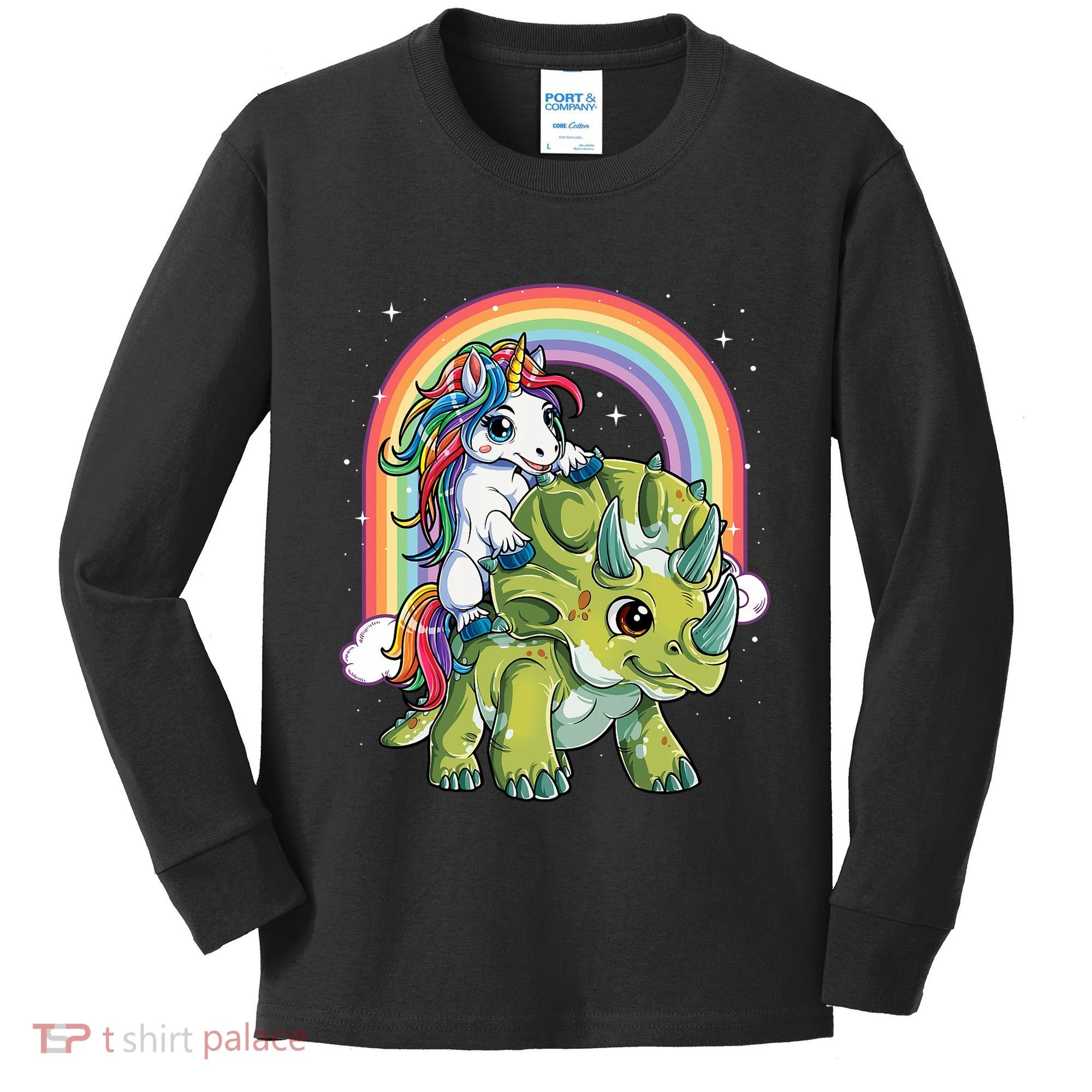 Unicorn Riding Dinosaur Triceratops Rainbow Kids Long Sleeve Shirt