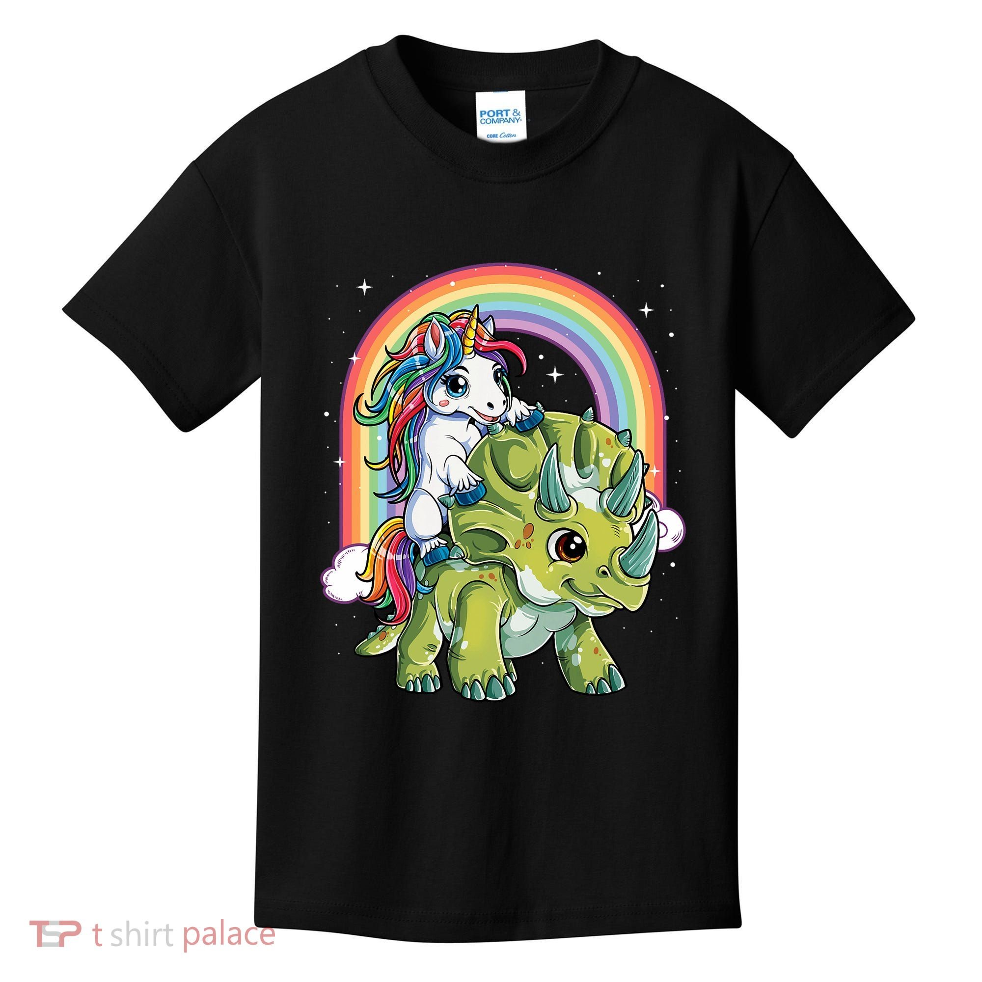 Unicorn Riding Dinosaur Triceratops Rainbow Kids T-Shirt