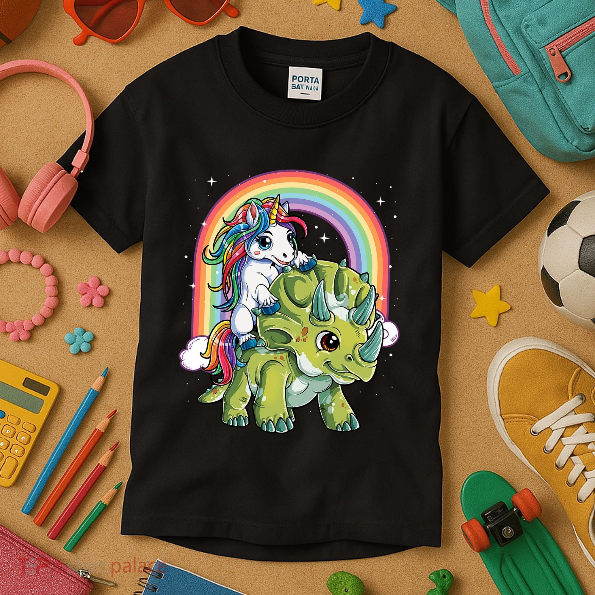 Unicorn Riding Dinosaur Triceratops Rainbow Kids T-Shirt