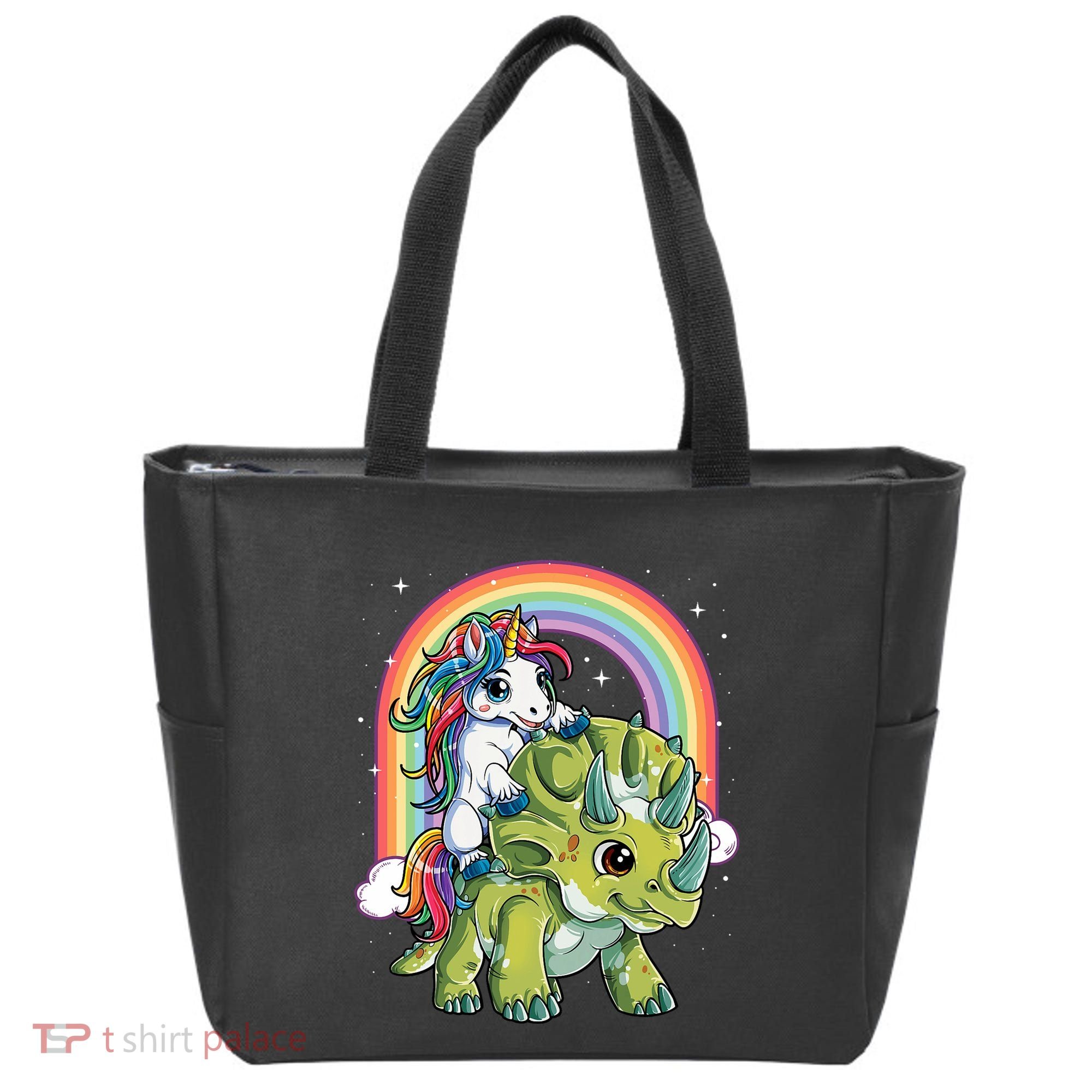 Unicorn Riding Dinosaur Triceratops Rainbow Tote Bag