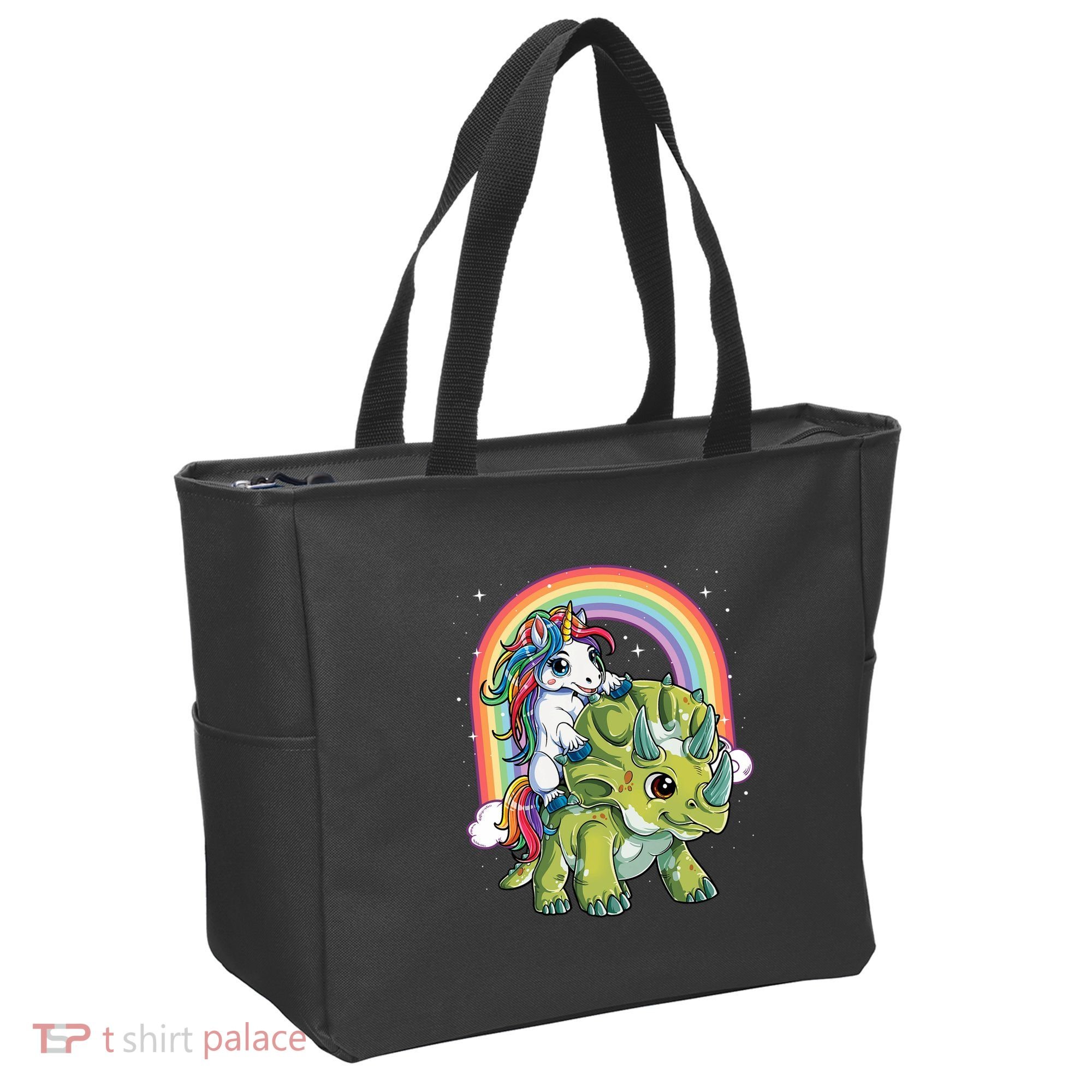 Unicorn Riding Dinosaur Triceratops Rainbow Tote Bag