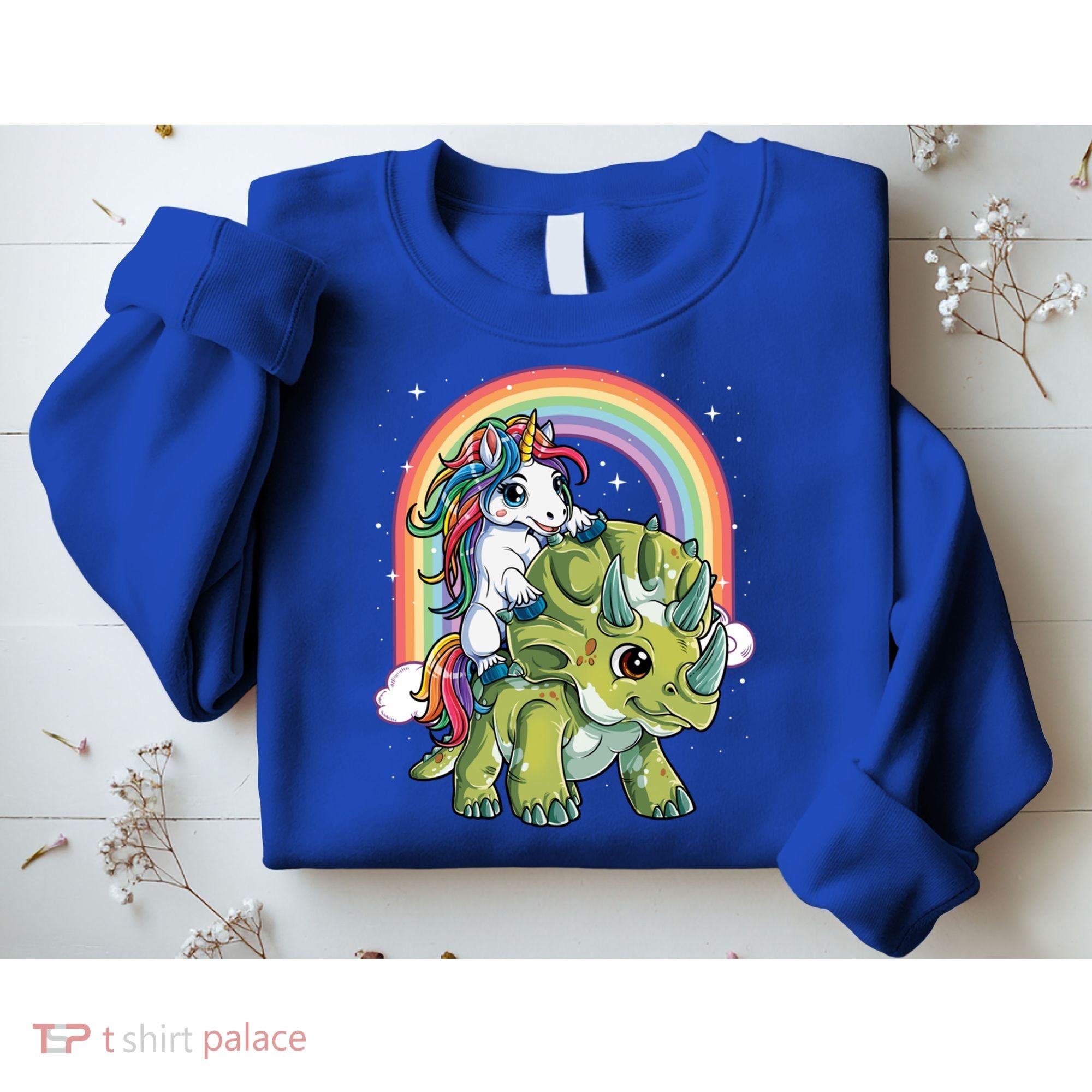 Unicorn Riding Dinosaur Triceratops Funny Boys Girls Rainbow Gift Sweatshirt