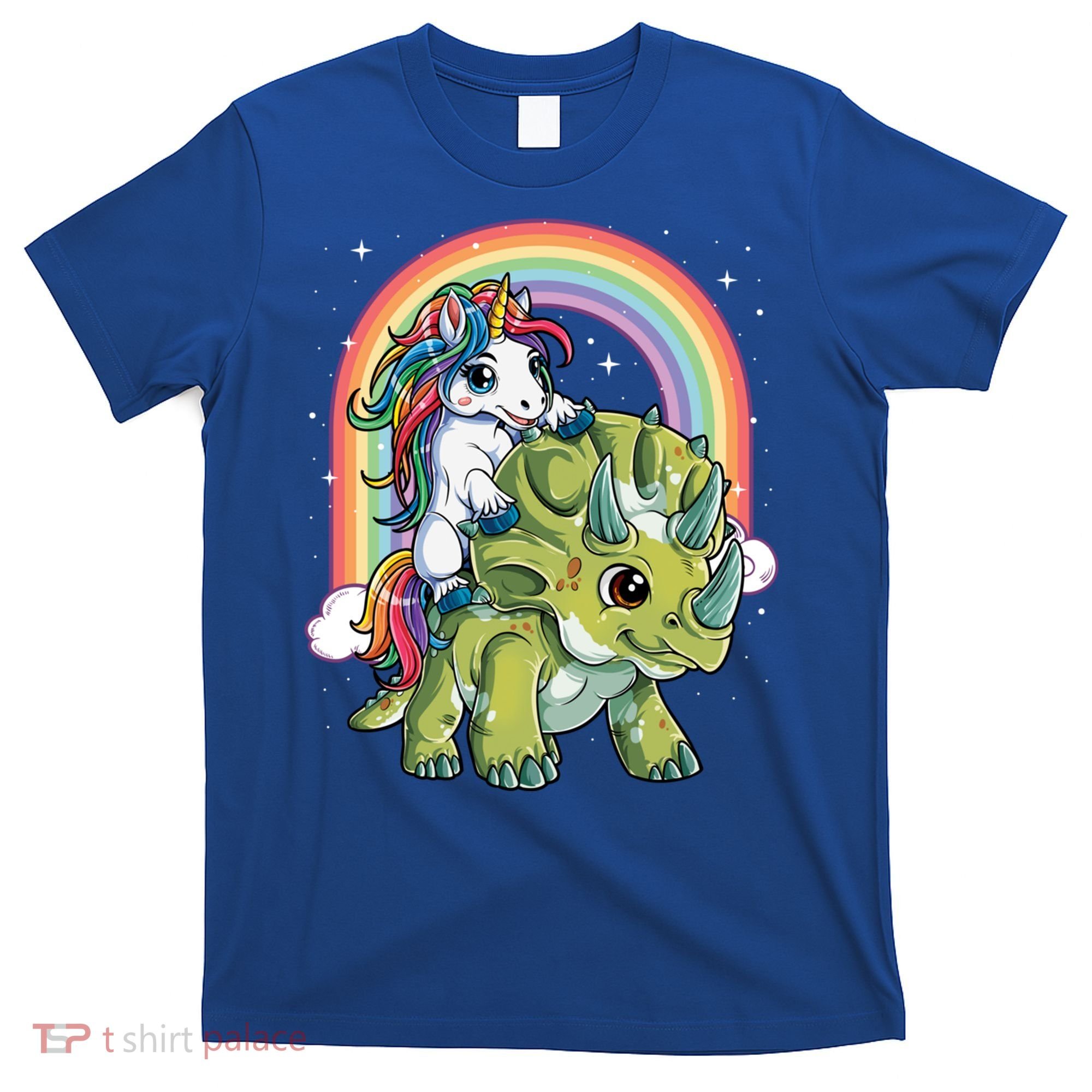 Unicorn Riding Dinosaur Triceratops Funny Boys Girls Rainbow Gift T-Shirt
