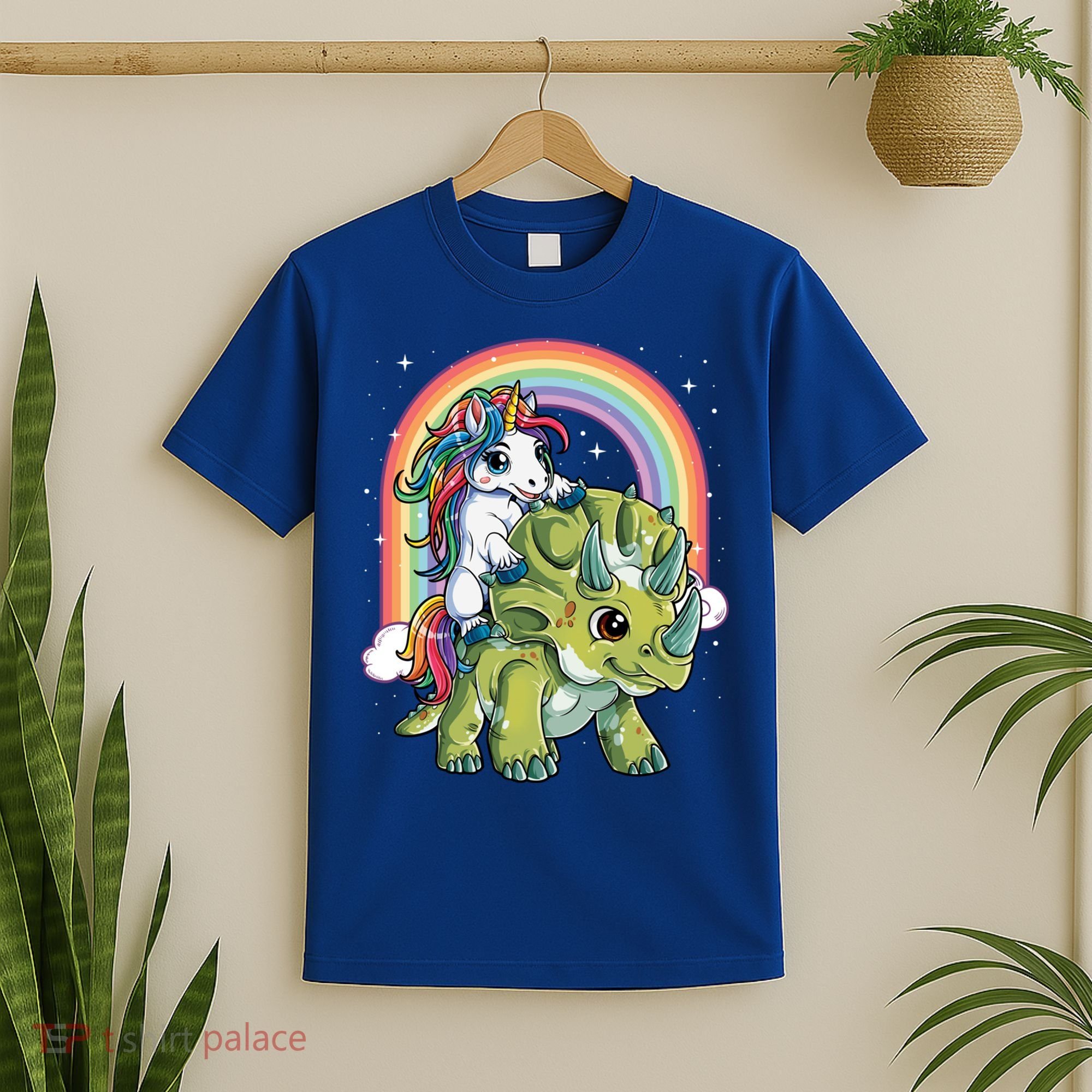 Unicorn Riding Dinosaur Triceratops Funny Boys Girls Rainbow Gift T-Shirt