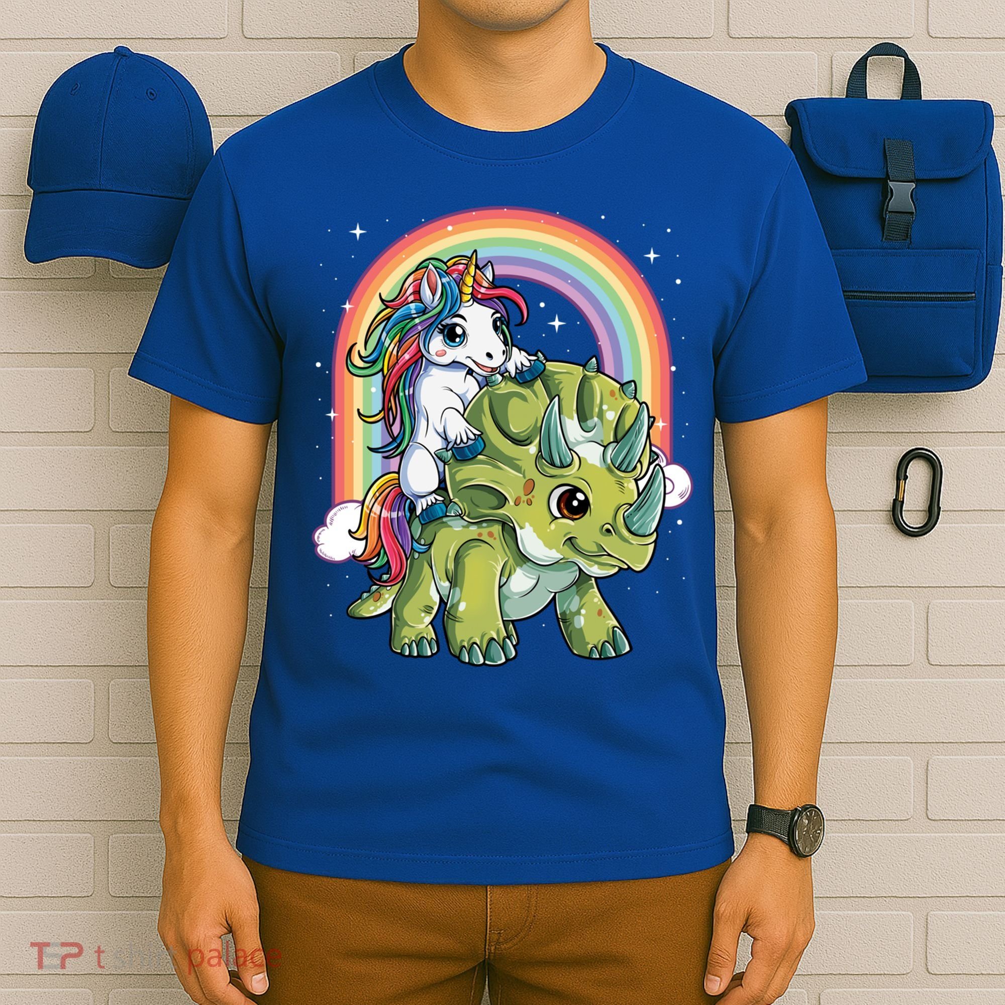 Unicorn Riding Dinosaur Triceratops Funny Boys Girls Rainbow Gift T-Shirt