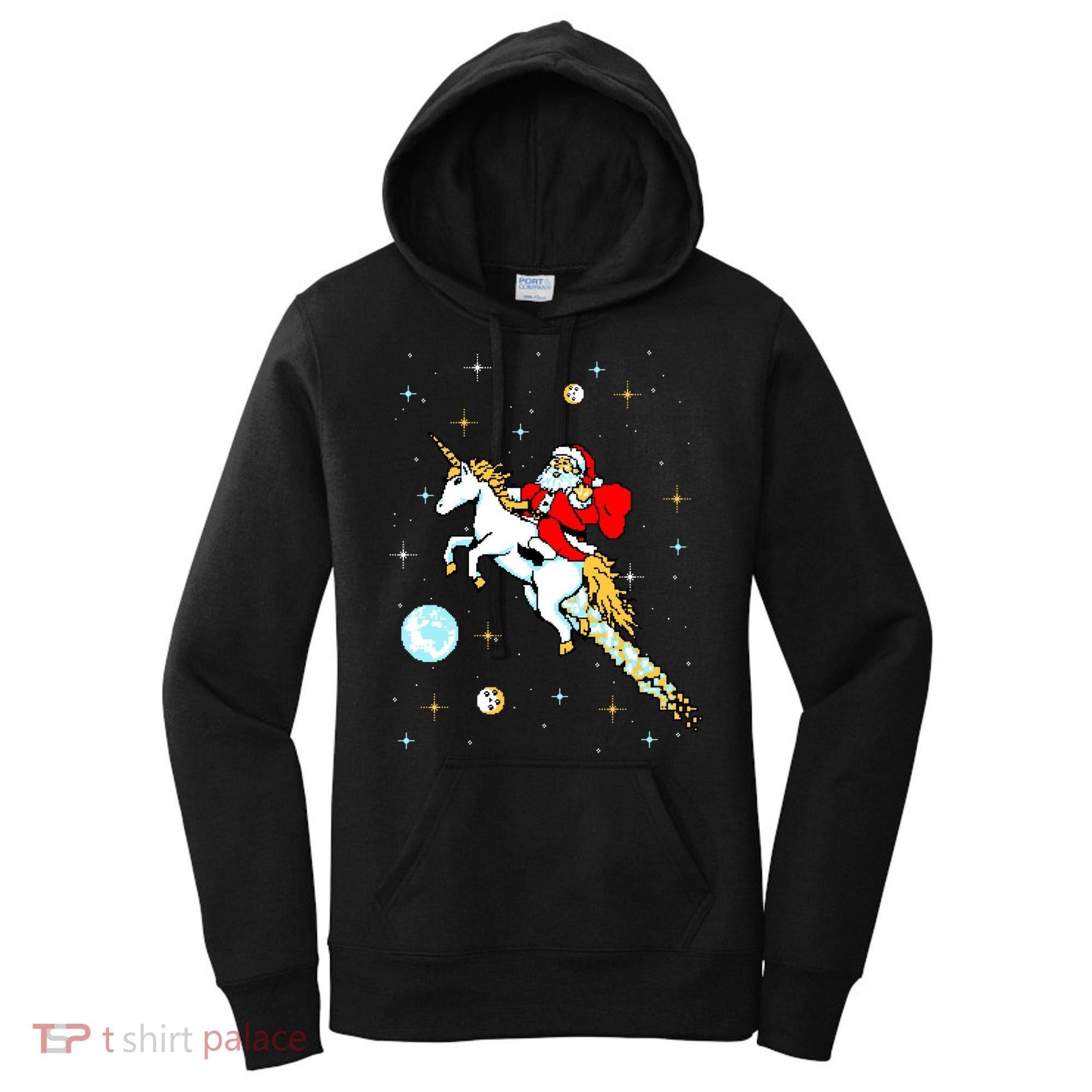 Unicorn Riding Space Pixel Santa Christmas Gift Women's Hoodie