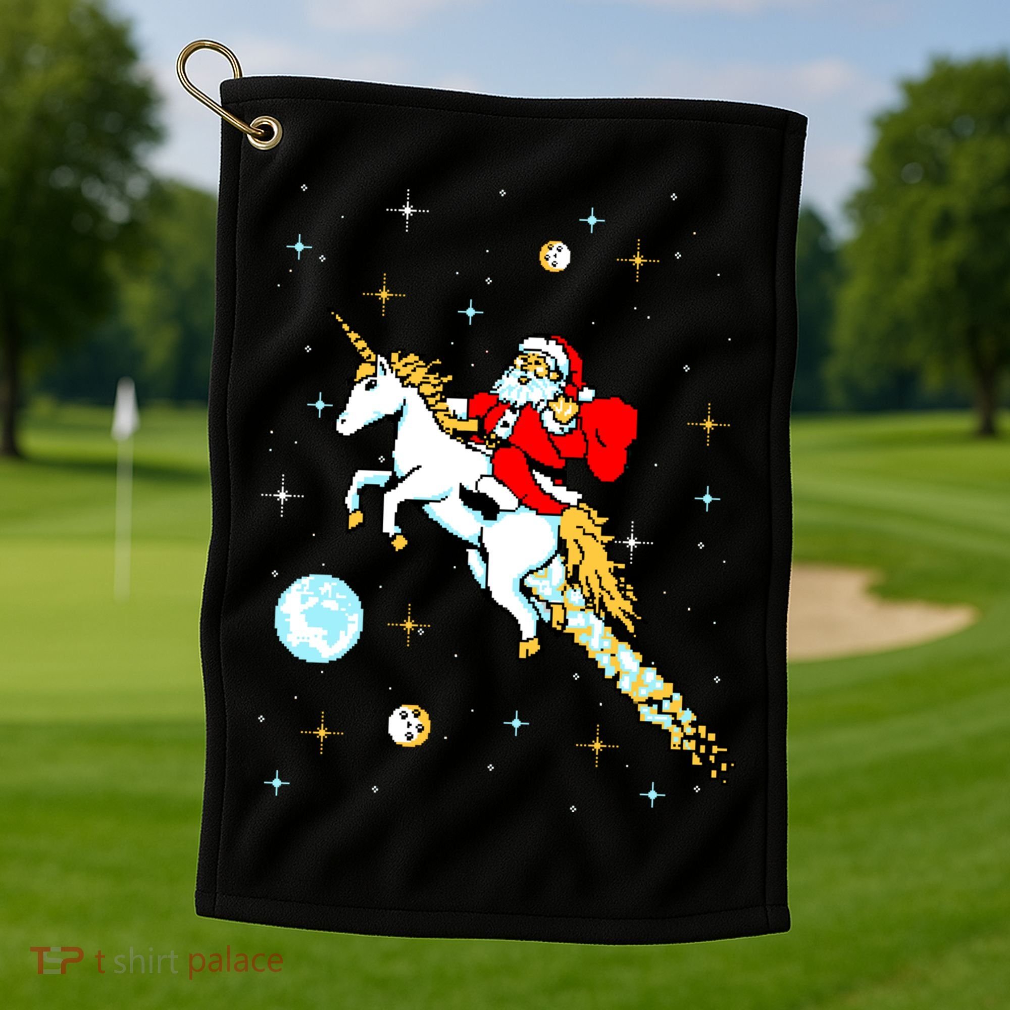 Unicorn Riding Space Pixel Santa Christmas Gift Golf Towel