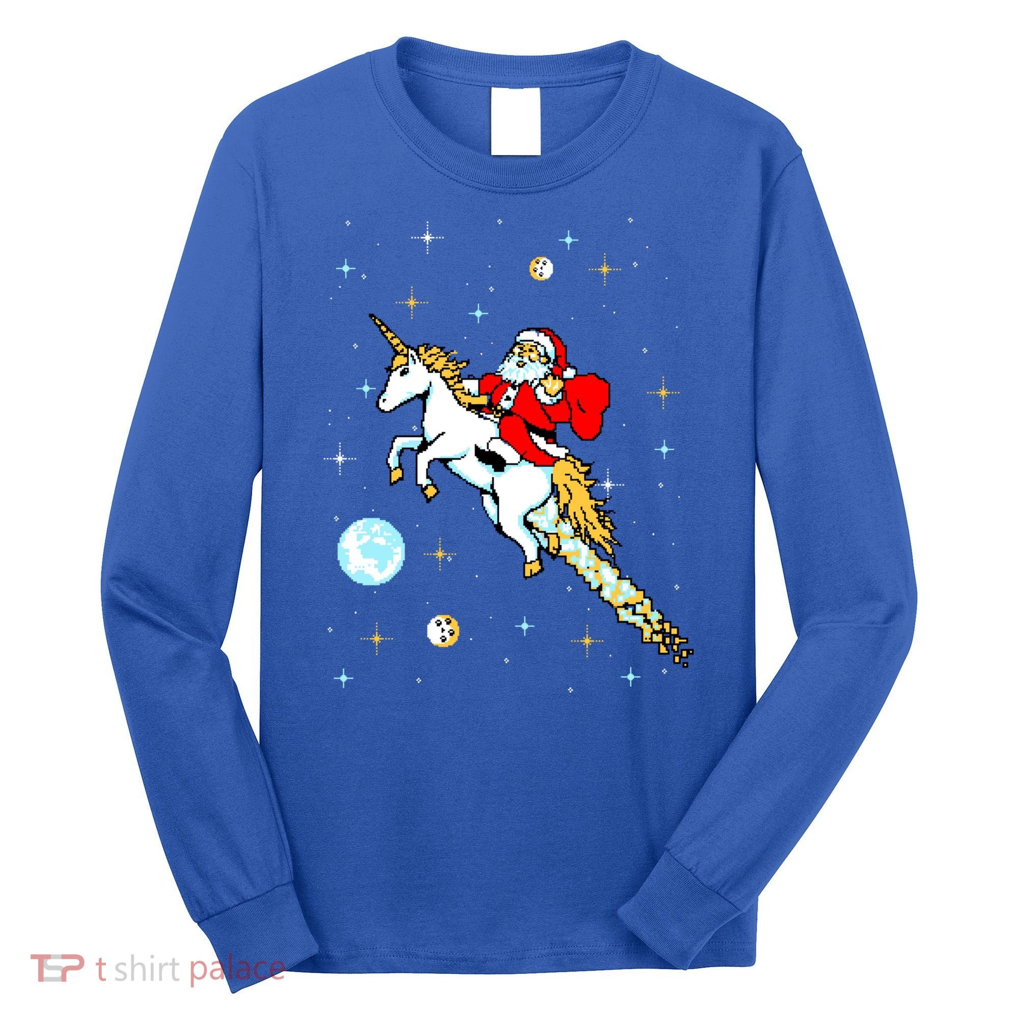 Unicorn Riding Space Pixel Santa Christmas Gift Long Sleeve Shirt