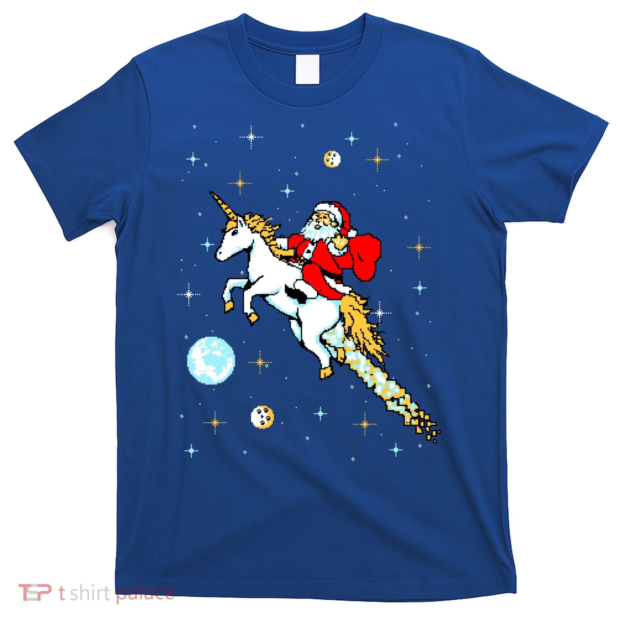 Unicorn Riding Space Pixel Santa Christmas Gift T-Shirt