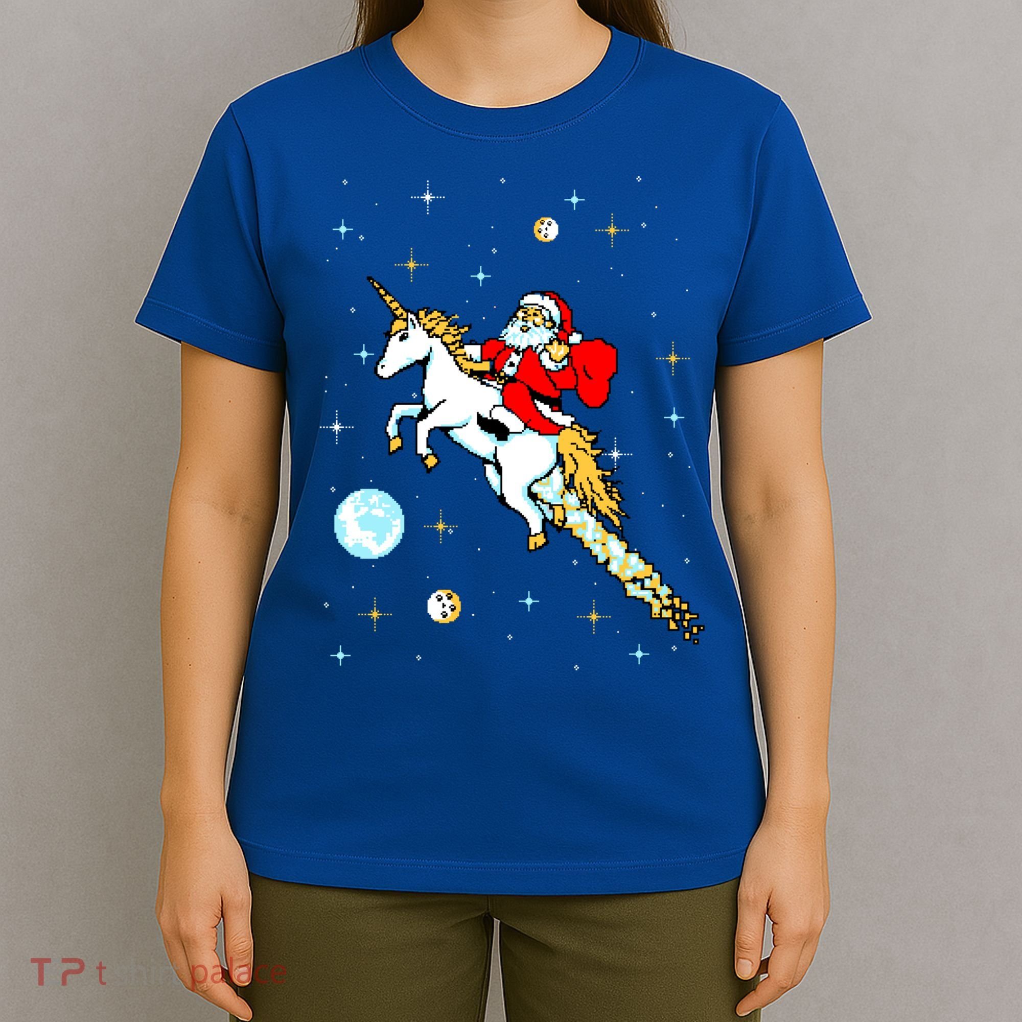 Unicorn Riding Space Pixel Santa Christmas Gift T-Shirt