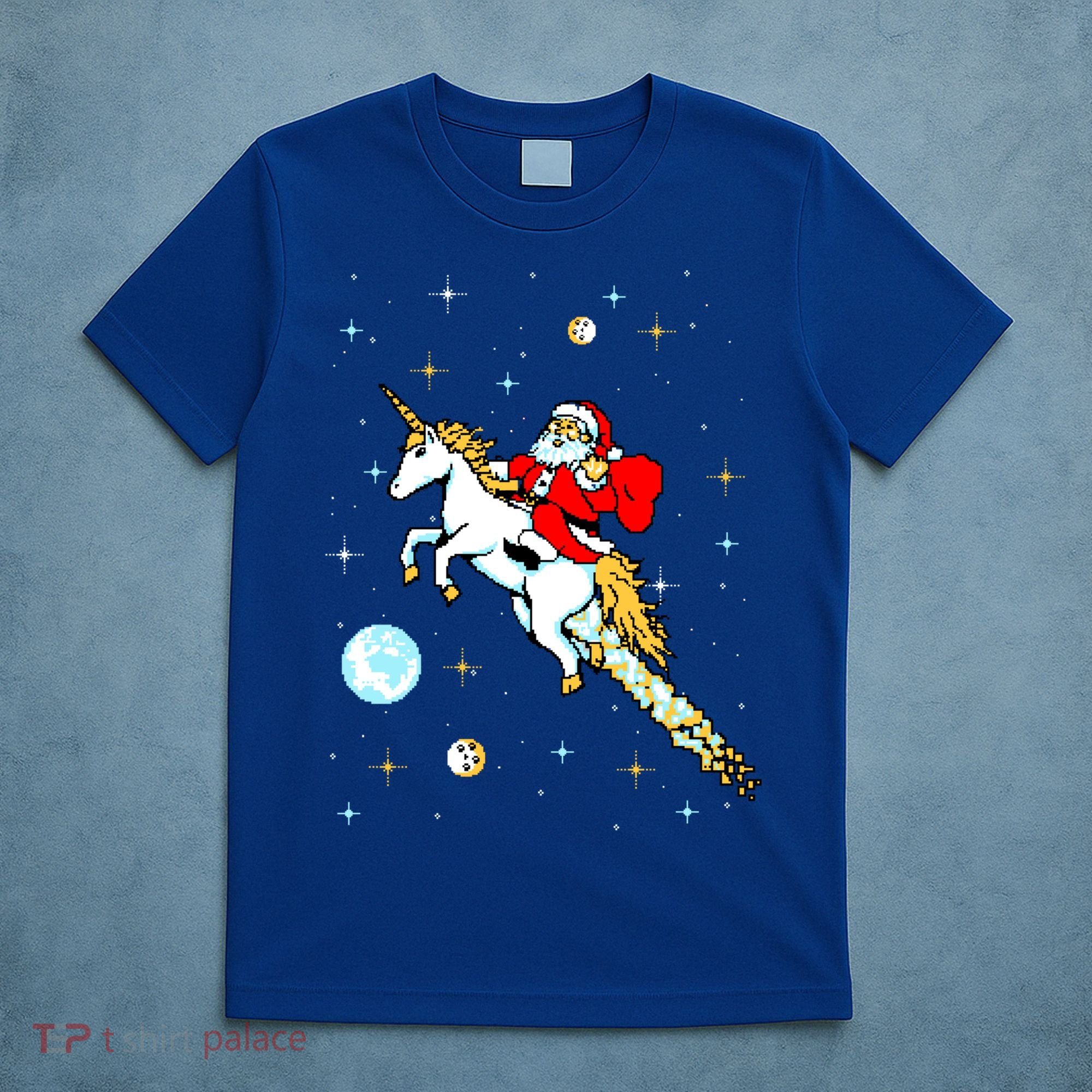 Unicorn Riding Space Pixel Santa Christmas Gift T-Shirt
