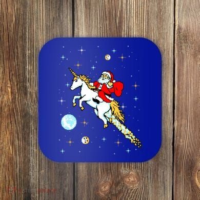 Unicorn Riding Space Pixel Santa Christmas Gift Coaster