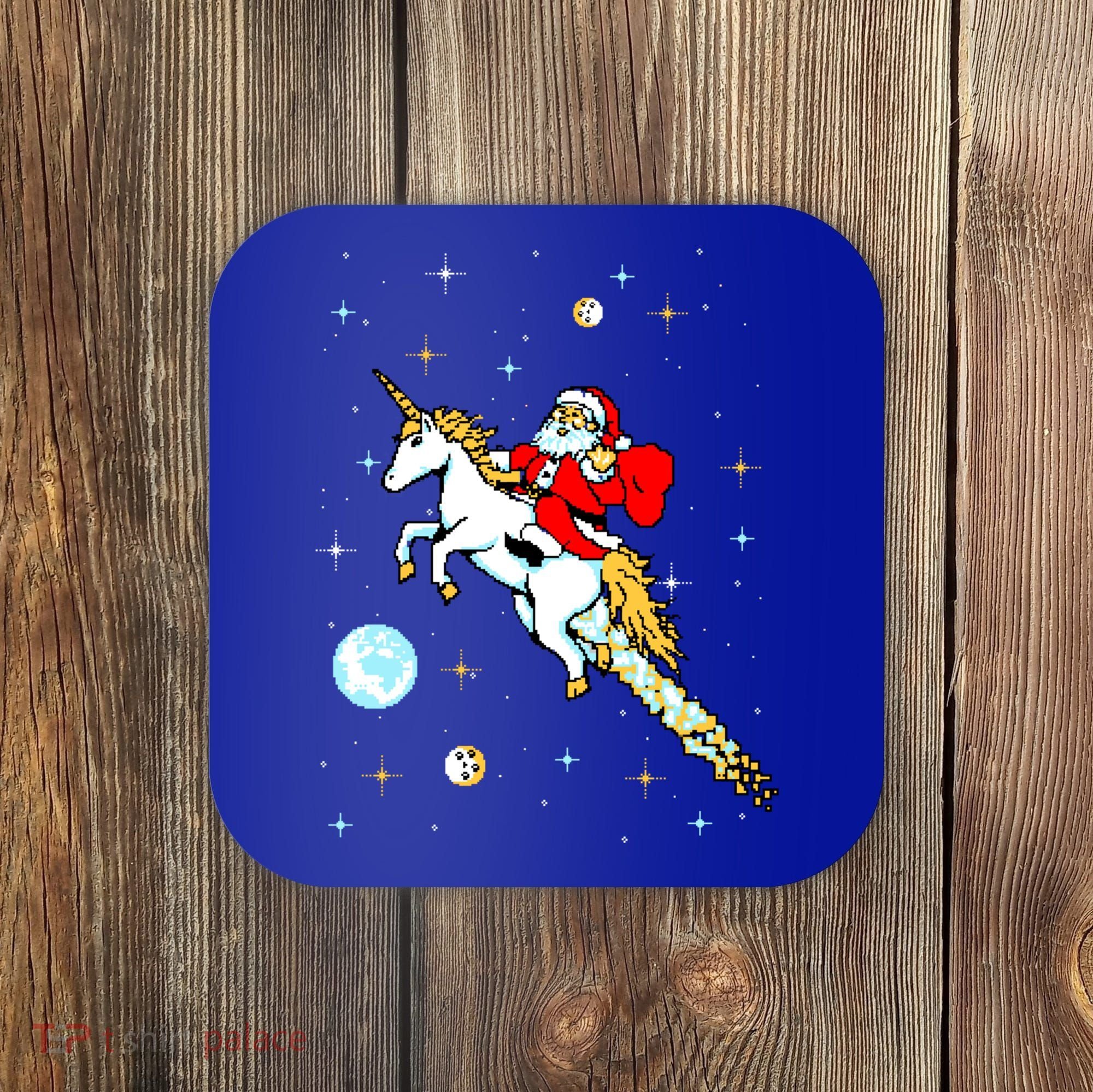 Unicorn Riding Space Pixel Santa Christmas Gift Coaster