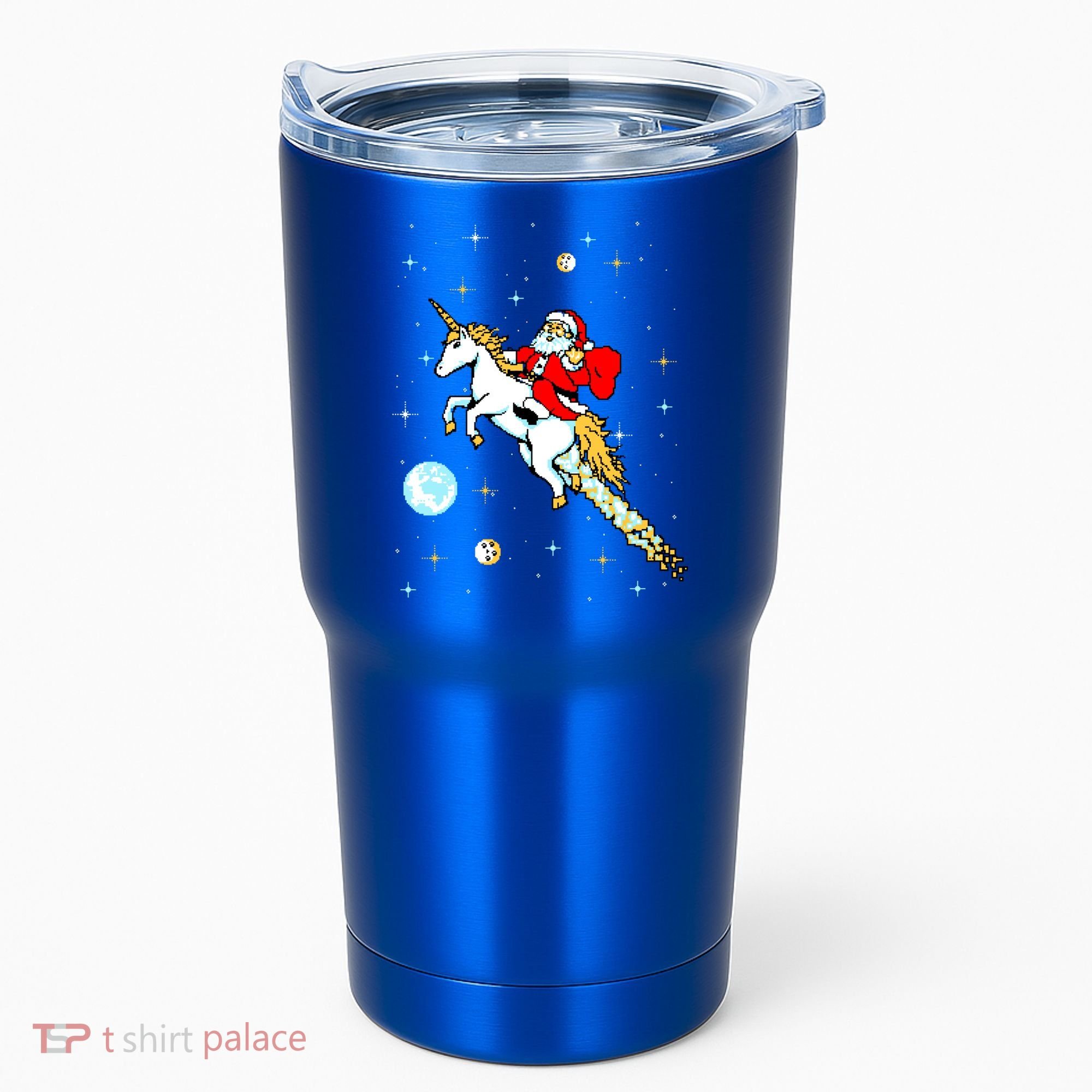 Unicorn Riding Space Pixel Santa Christmas Gift Tumbler
